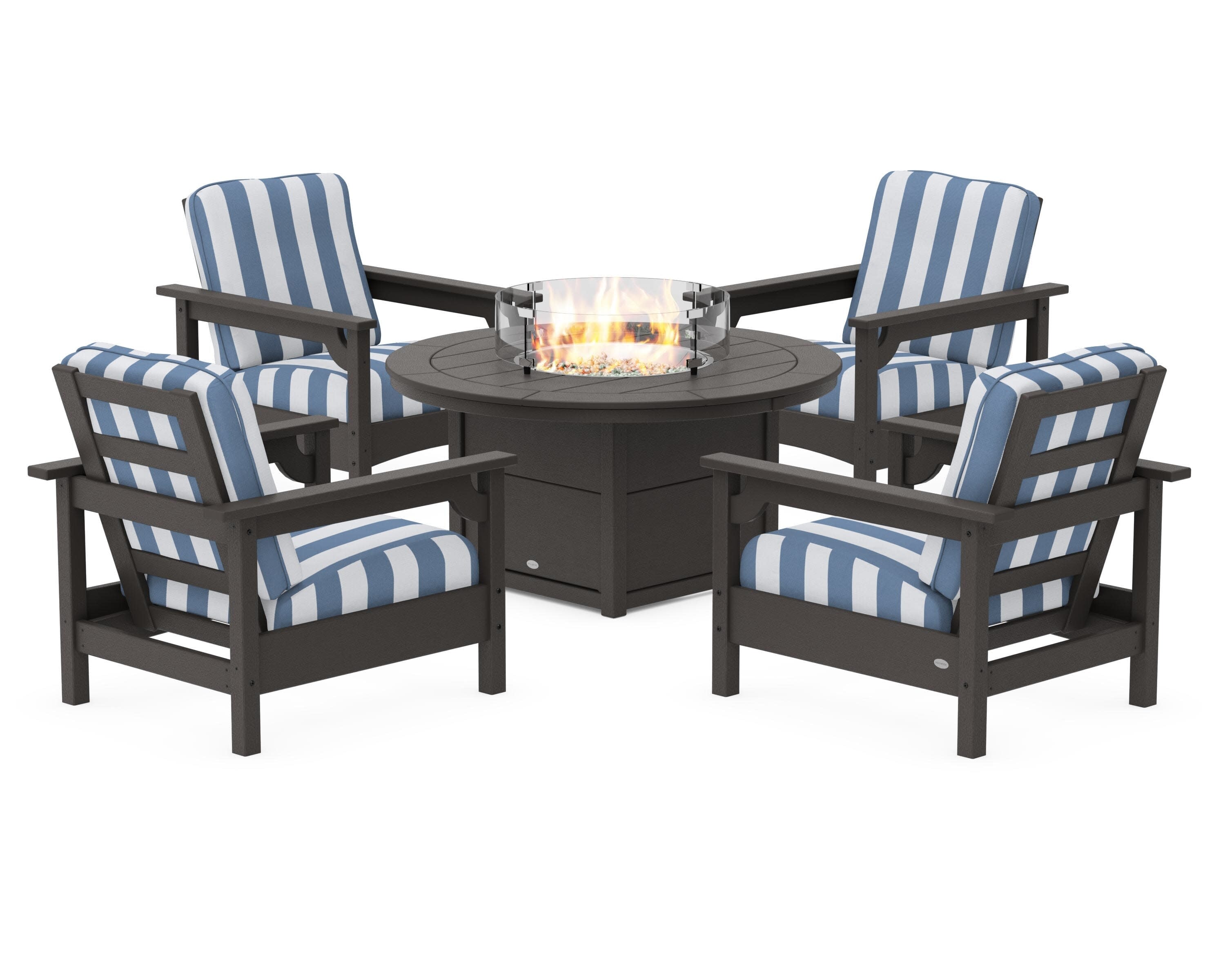 Club 5-Piece Conversation Set with Fire Pit Table in Vintage Coffee / Cabana Stripe Sky Blue