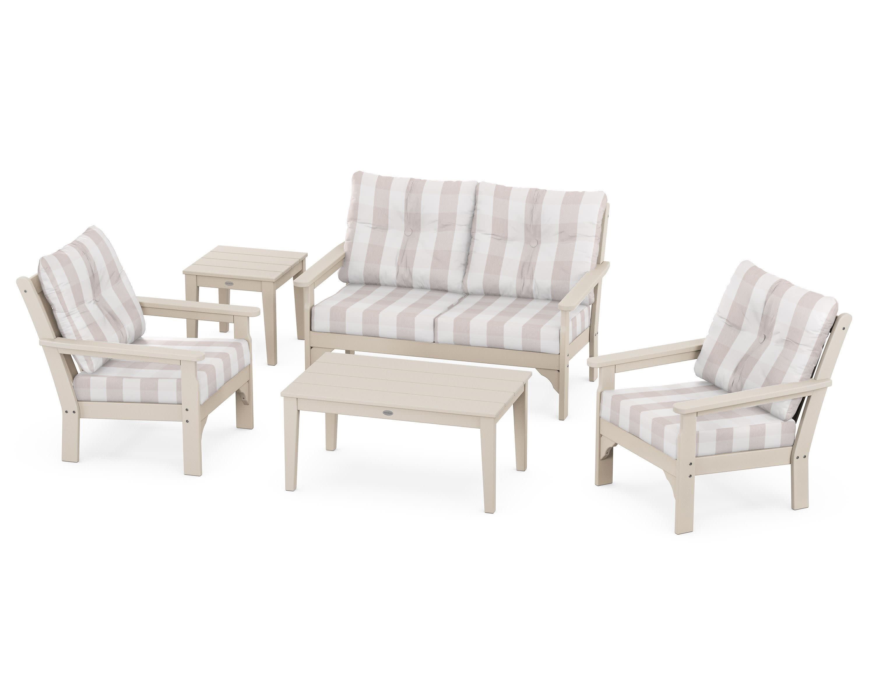 Vineyard 5-Piece Deep Seating Set in Sand / Buffalo Plaid Dune Burlap