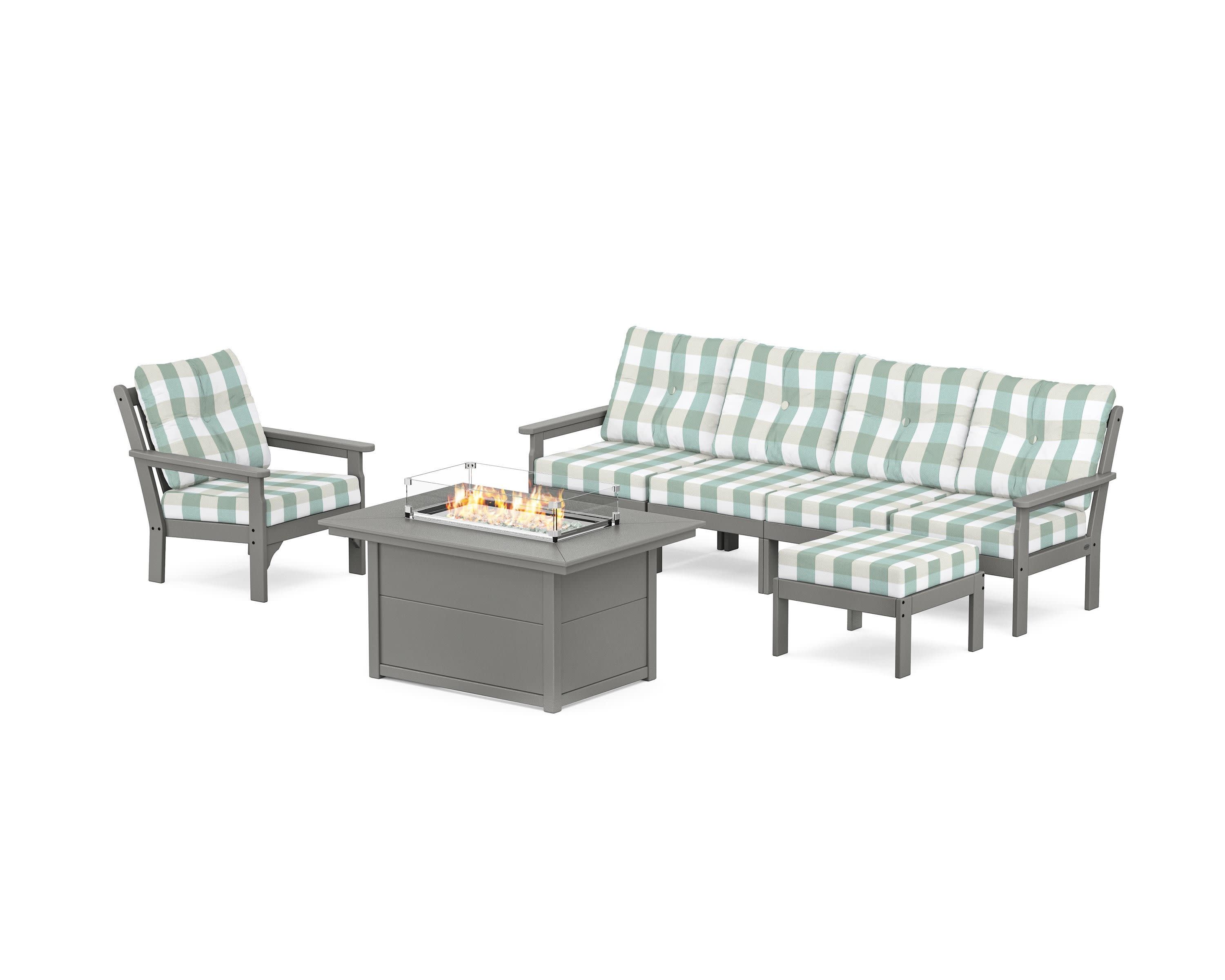 Vineyard Sectional Lounge and Fire Pit Set in Slate Grey / Buffalo Plaid Glacier Spa