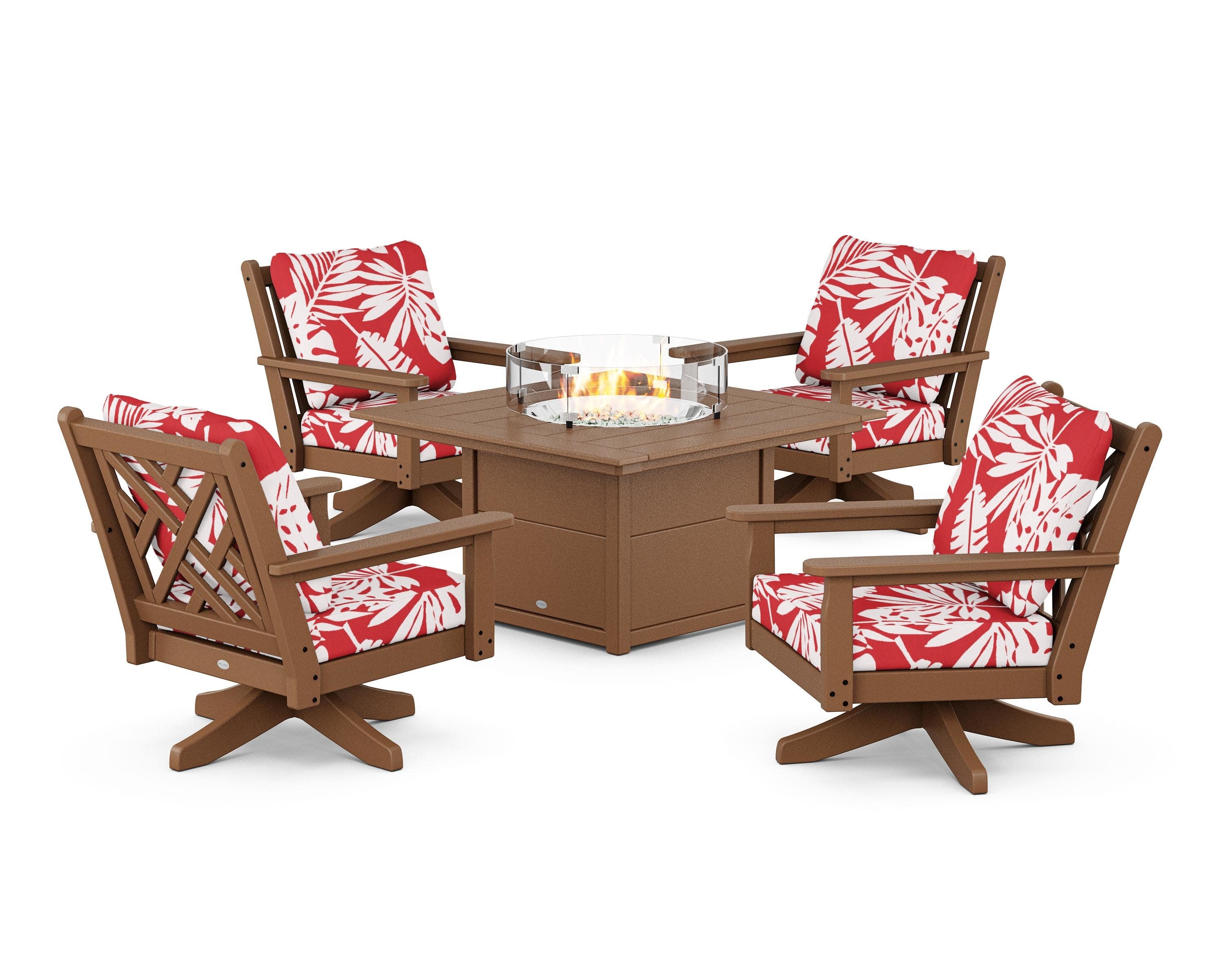 Chippendale 5-Piece Deep Seating Swivel Conversation Set with Fire Pit Table in Teak / Leaf Crimson