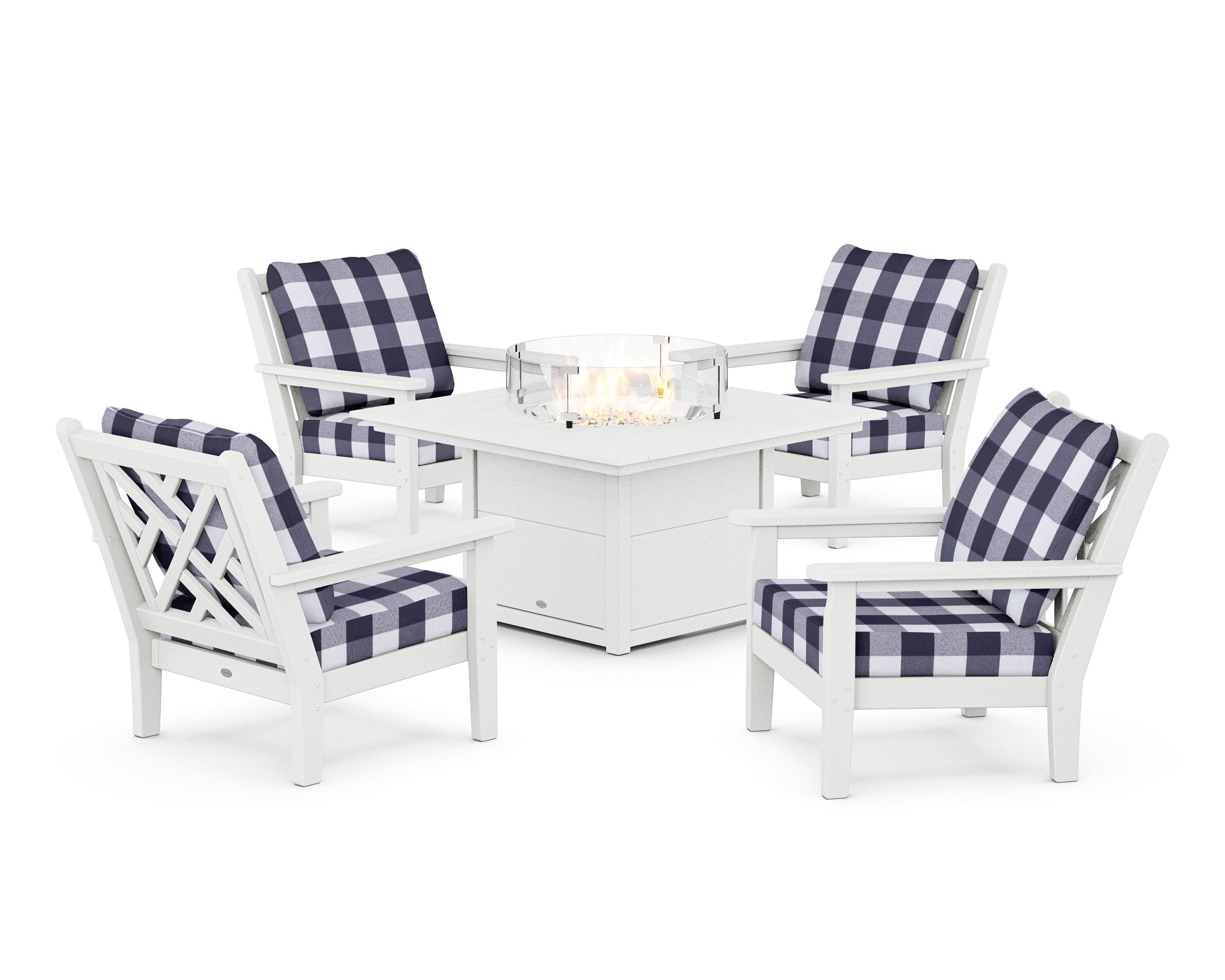 Chippendale 5-Piece Deep Seating Set with Fire Pit Table in White / Buffalo Plaid Navy