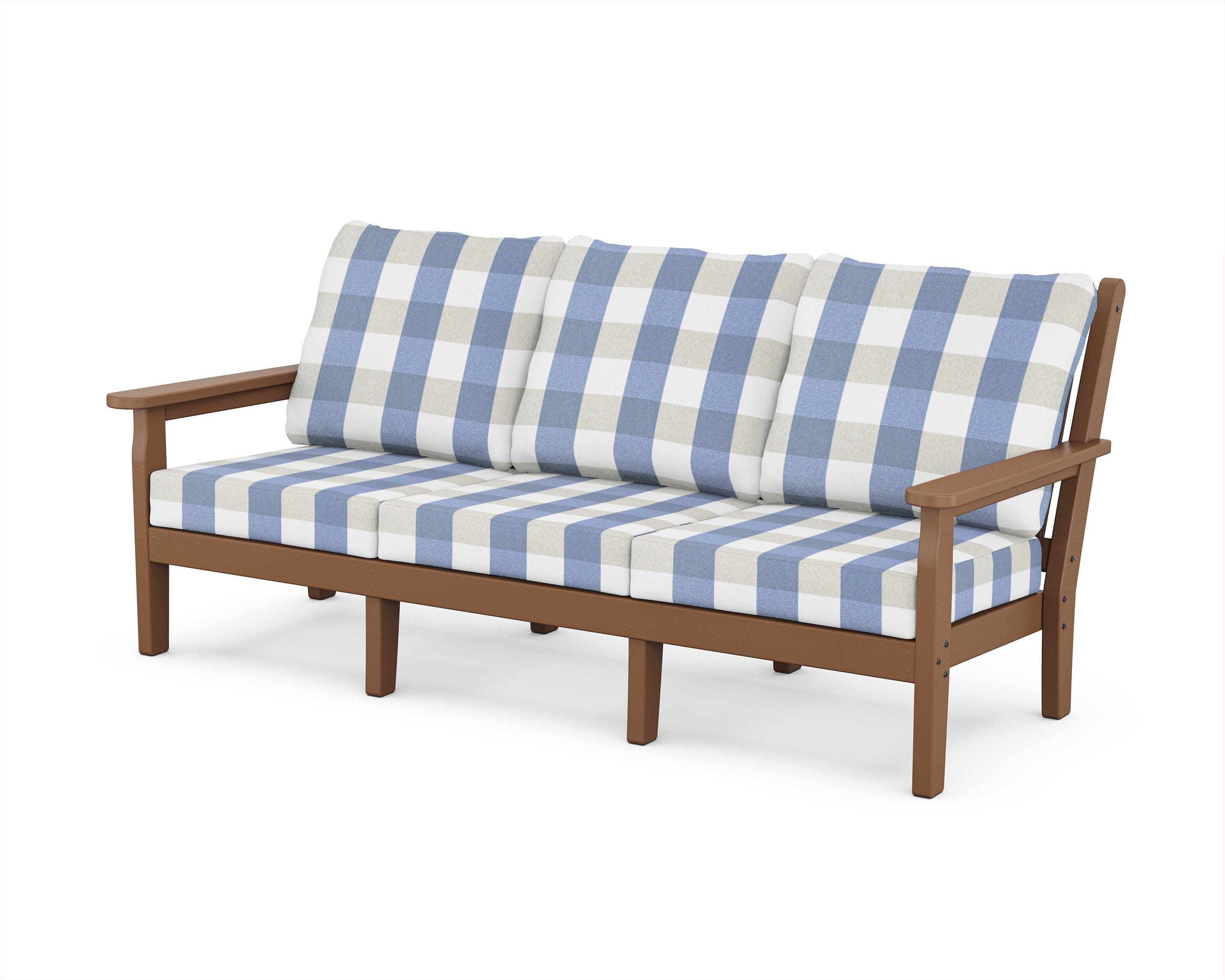 Chippendale Deep Seating Sofa in Teak / Buffalo Plaid Sky Blue