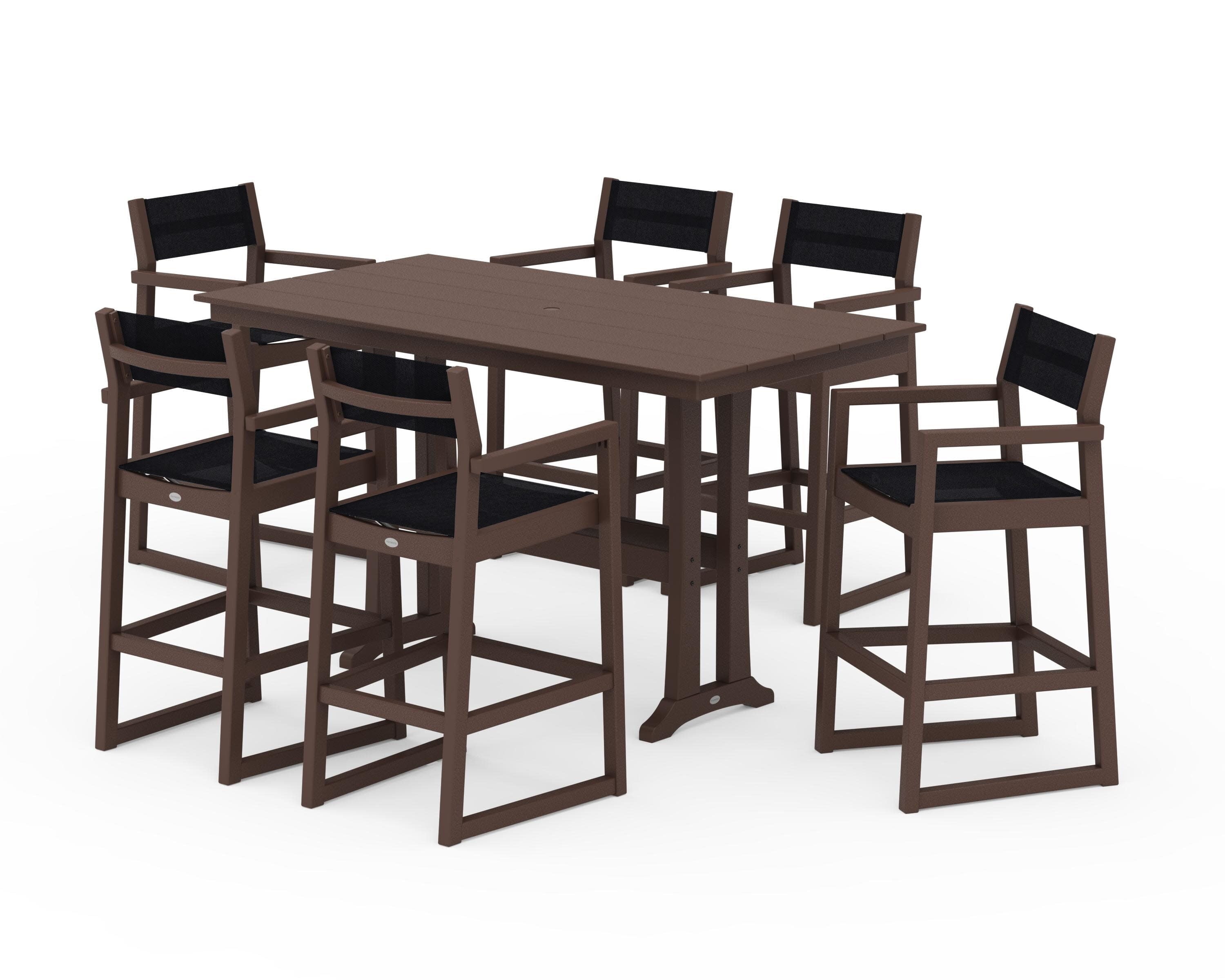 EDGE Sling Arm Chair 7-Piece Farmhouse Bar Set with Trestle Legs in Mahogany / Black Sling