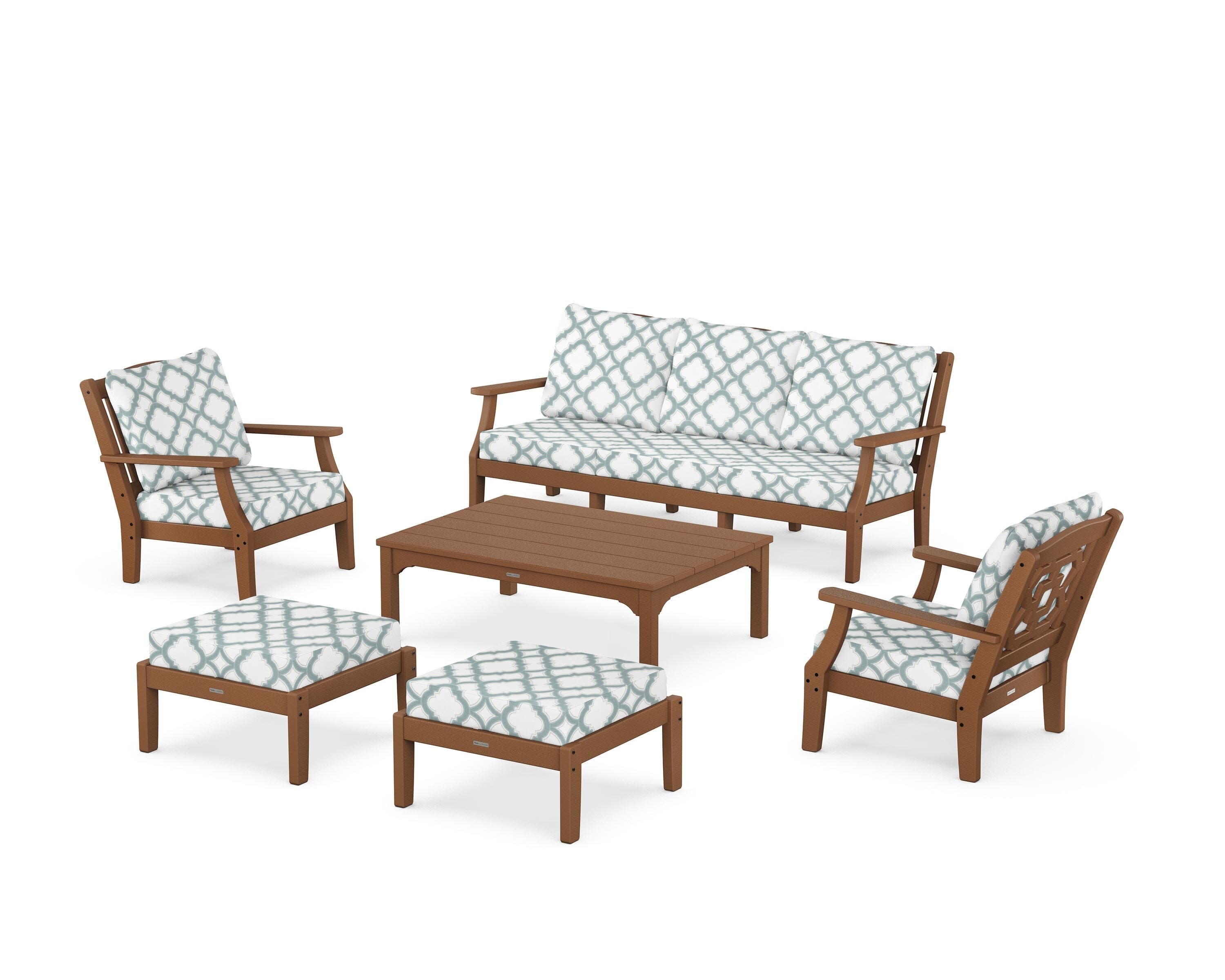 Chinoiserie 6-Piece Lounge Sofa Set in Teak / Trellis Glacier Spa