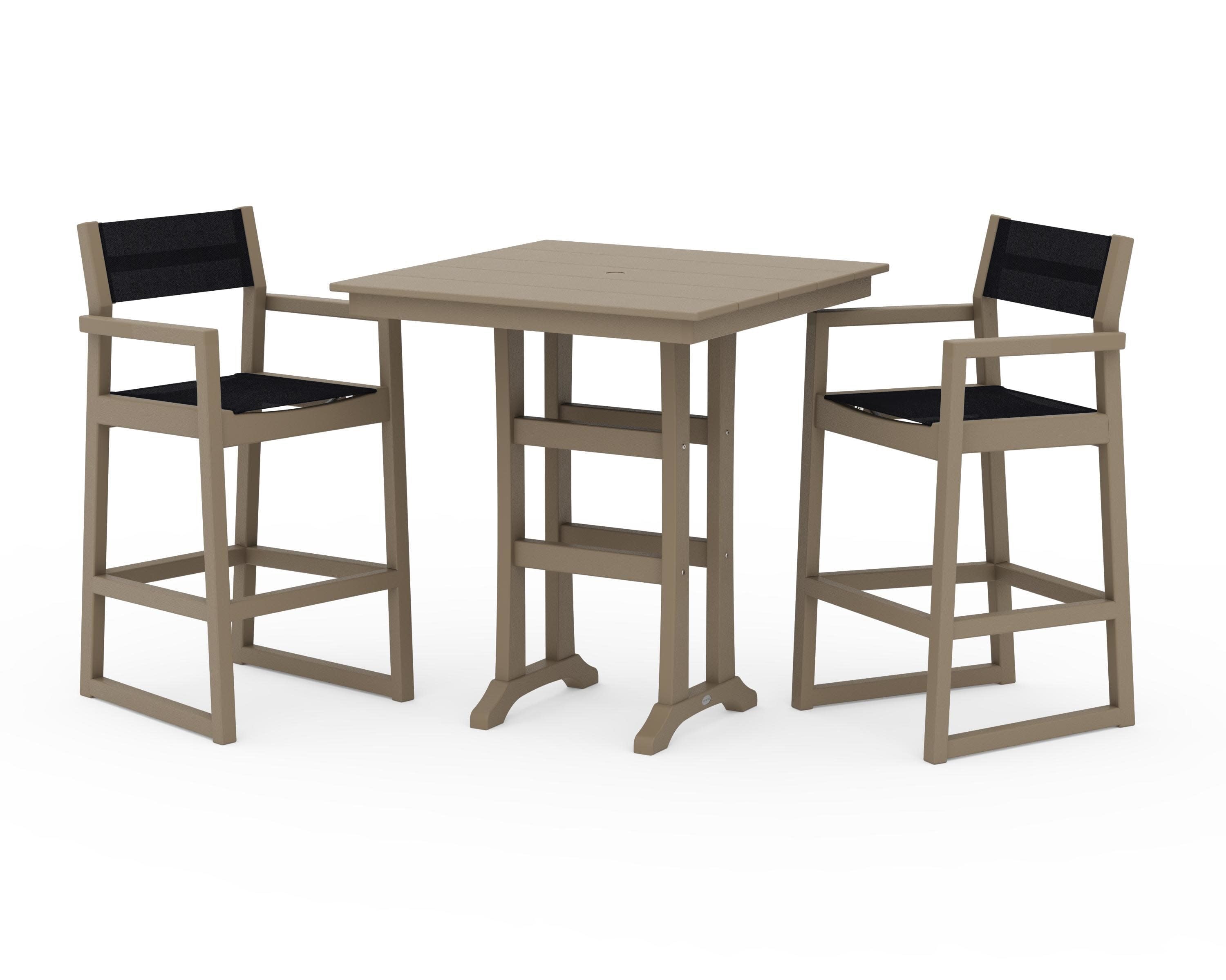 EDGE Sling Arm Chair 3-Piece Farmhouse Bar Set with Trestle Legs in Vintage Sahara / Black Sling