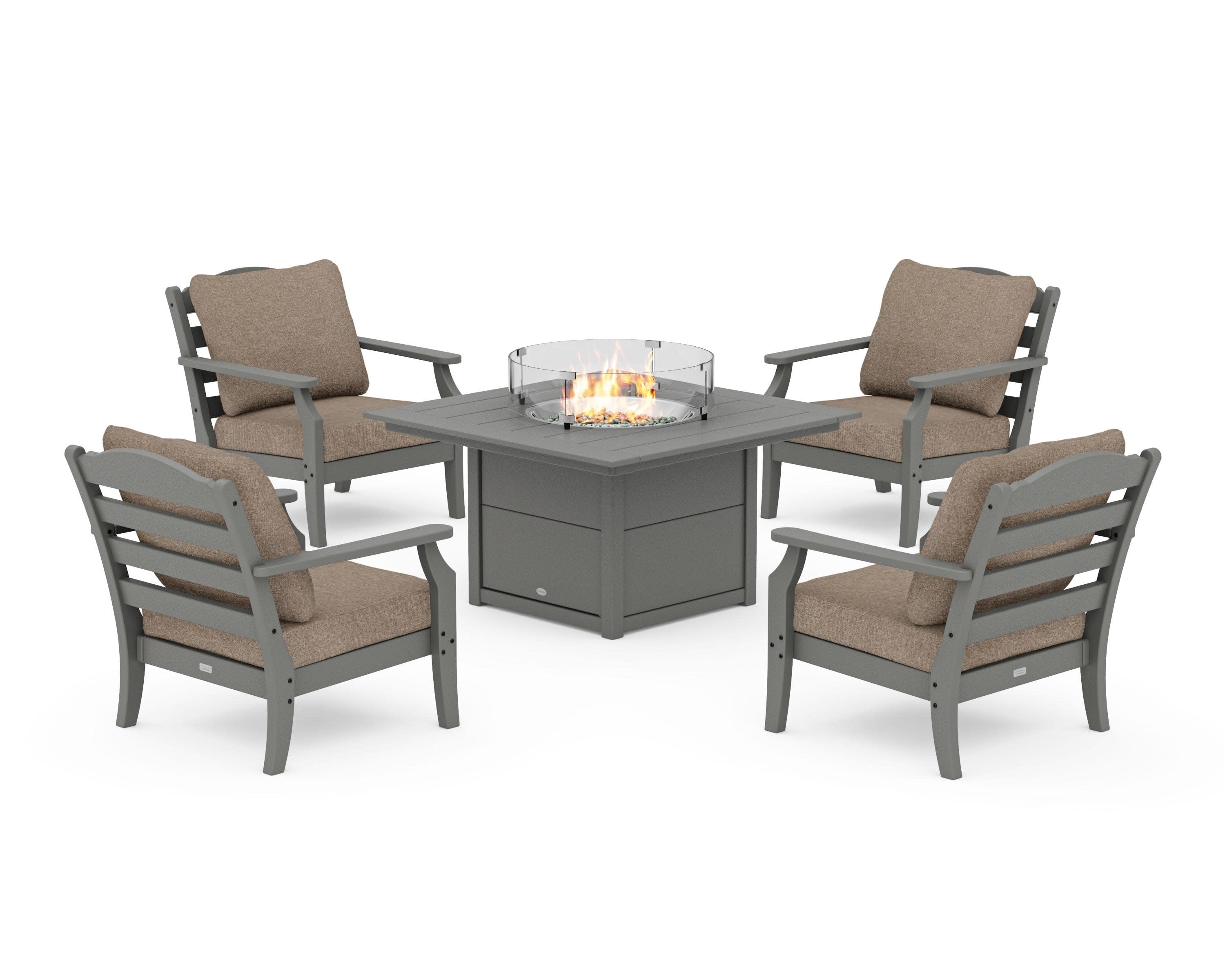 Savannah 5-Piece Deep Seating Set with Fire Pit Table in Slate Grey / Spiced Burlap
