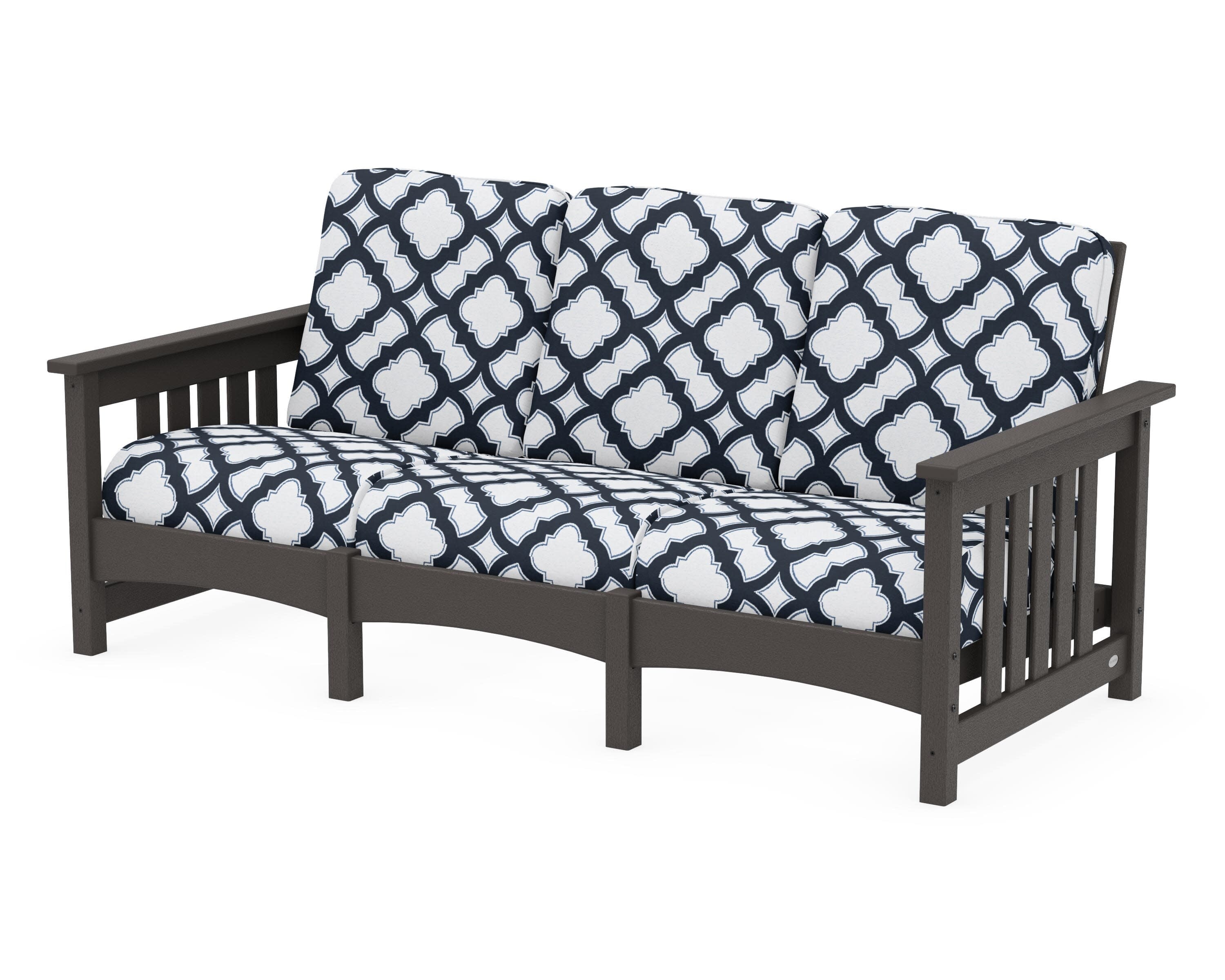 Club Mission Sofa in Vintage Coffee / Trellis Marine Indigo