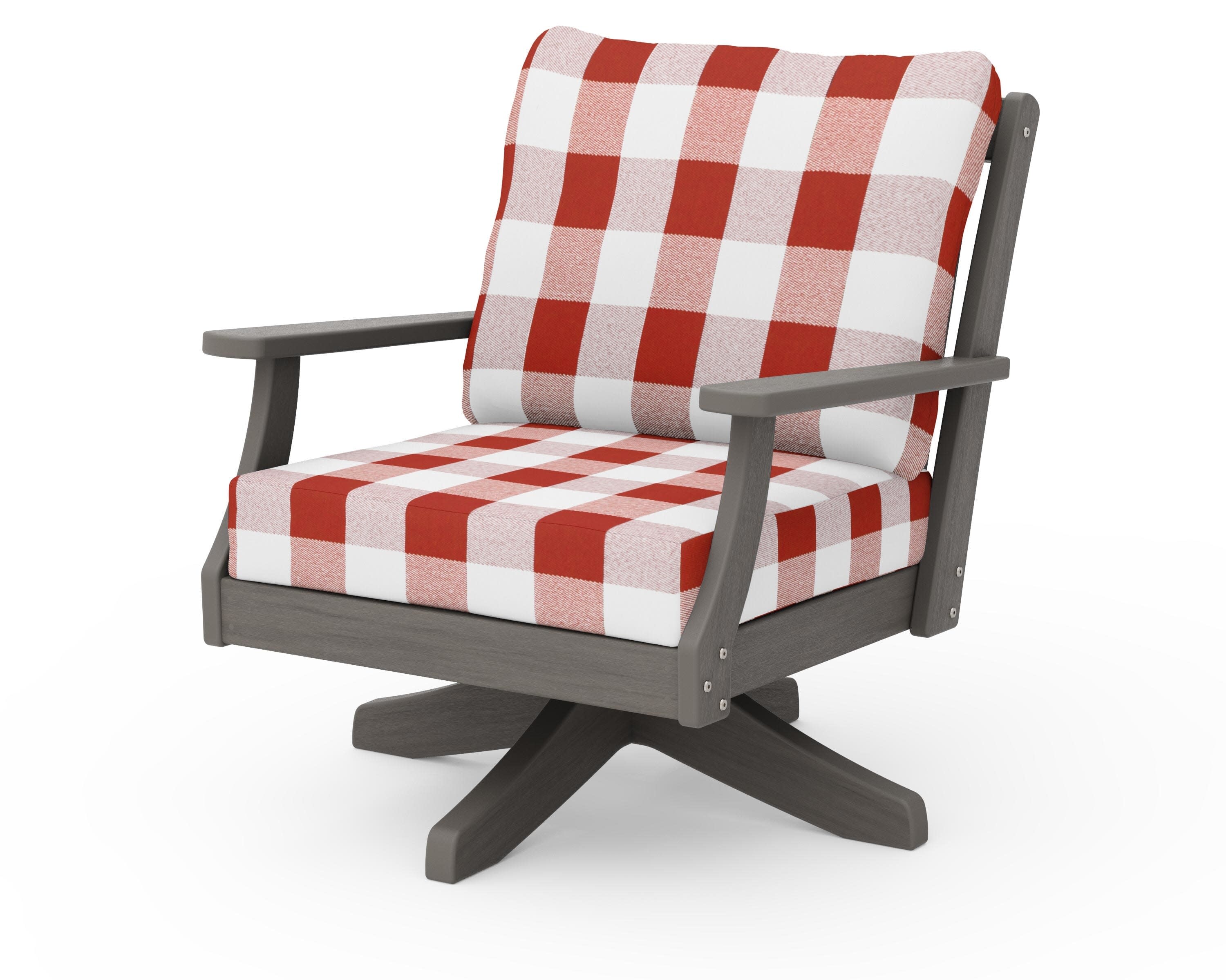 Braxton Deep Seating Swivel Chair in Driftwood / Buffalo Plaid Crimson