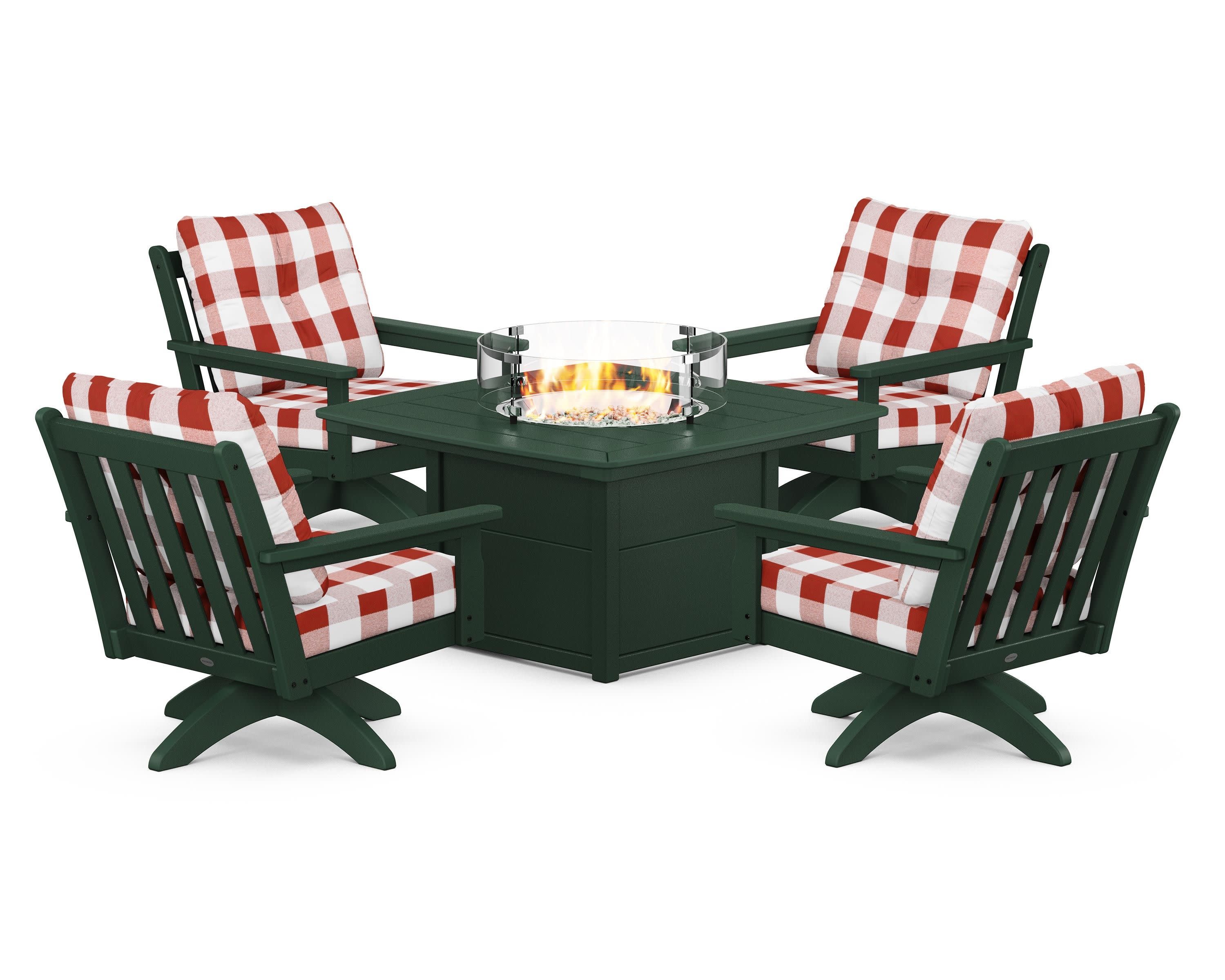 Vineyard 5-Piece Deep Seating Swivel Conversation Set with Fire Pit Table in Green / Buffalo Plaid Crimson