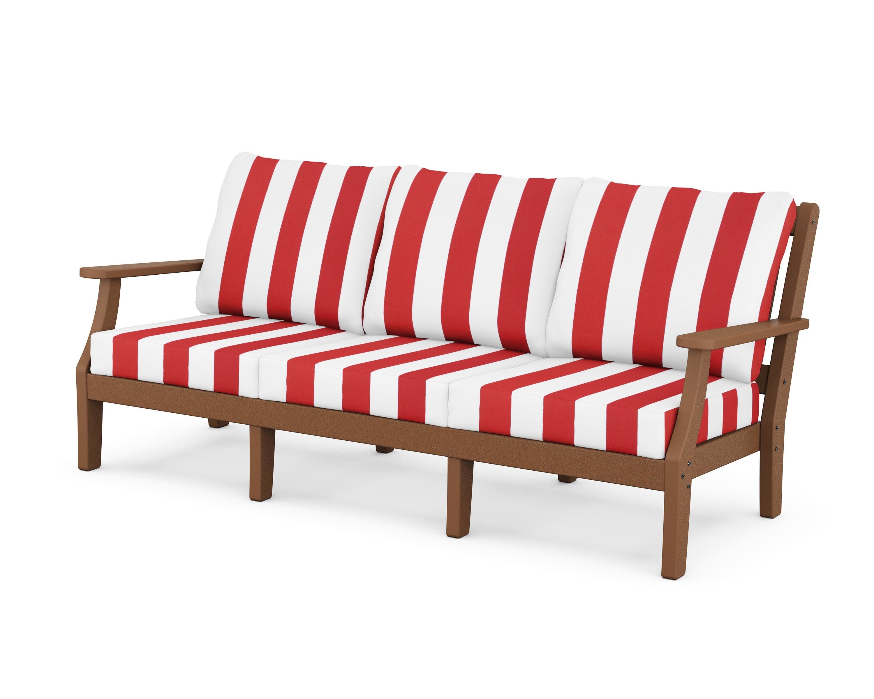Chinoiserie Deep Seating Sofa in Teak / Cabana Stripe Crimson