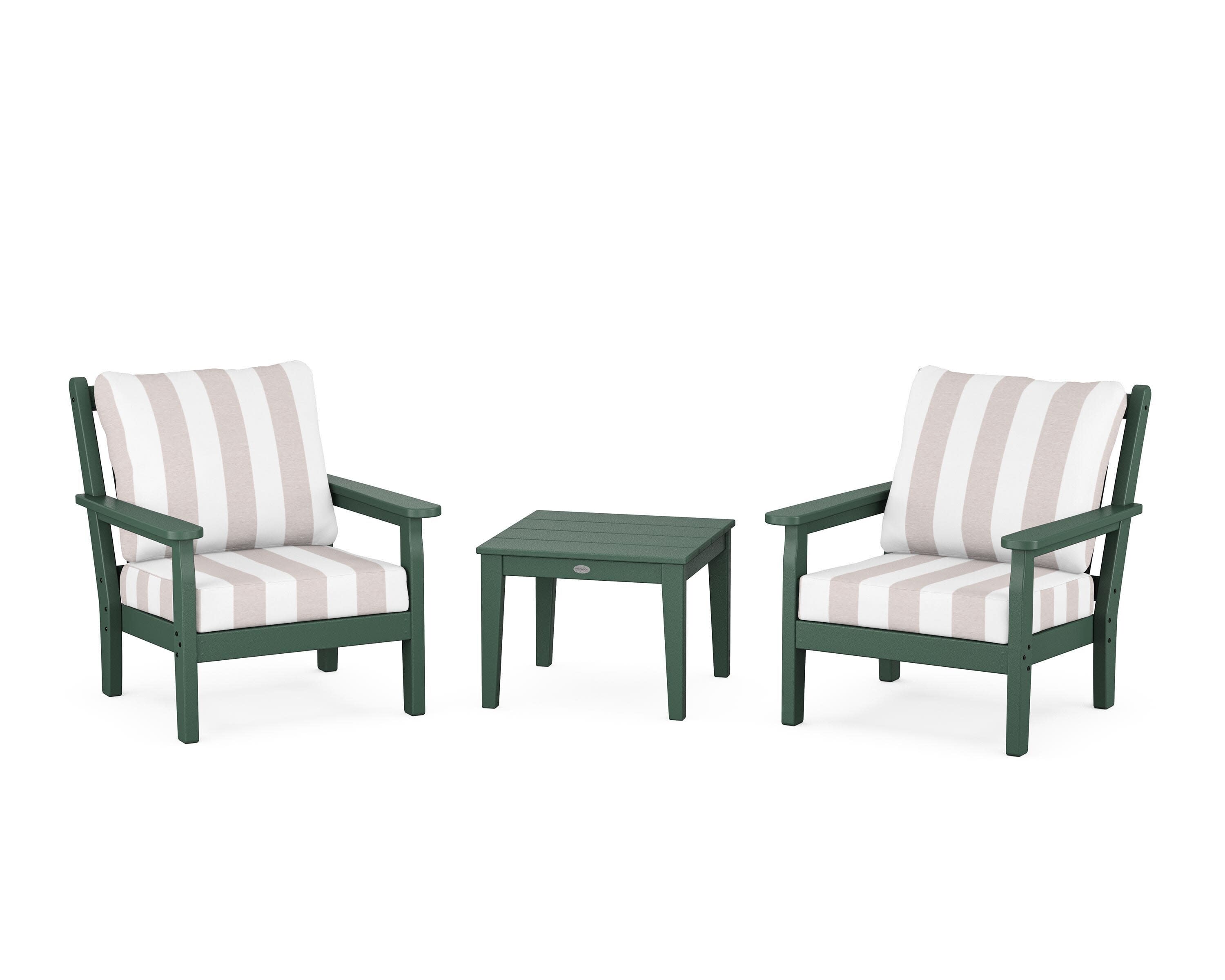 Chippendale 3-Piece Deep Seating Set in Green / Cabana Stripe Dune Burlap