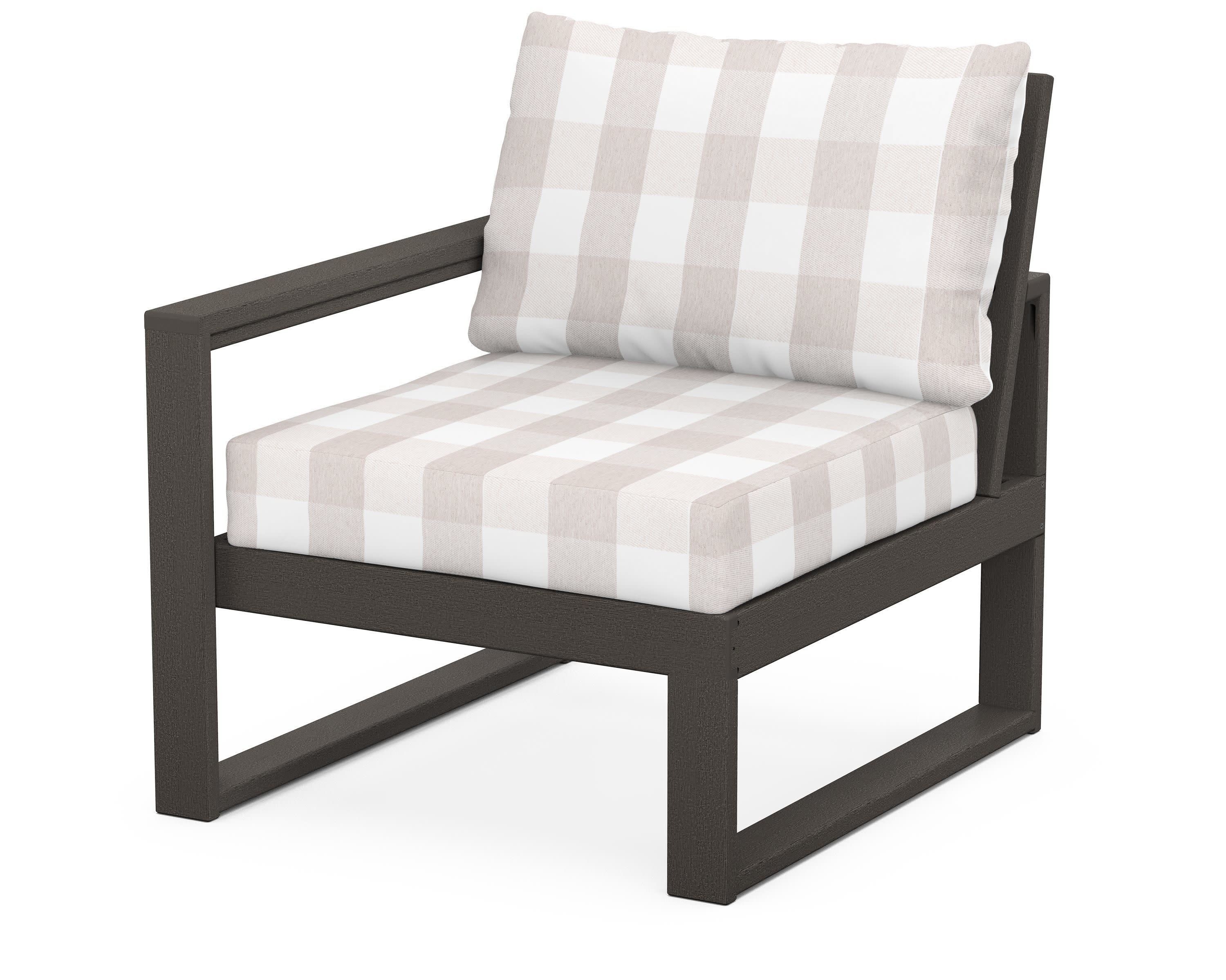 EDGE Modular Left Arm Chair in Vintage Coffee / Buffalo Plaid Dune Burlap