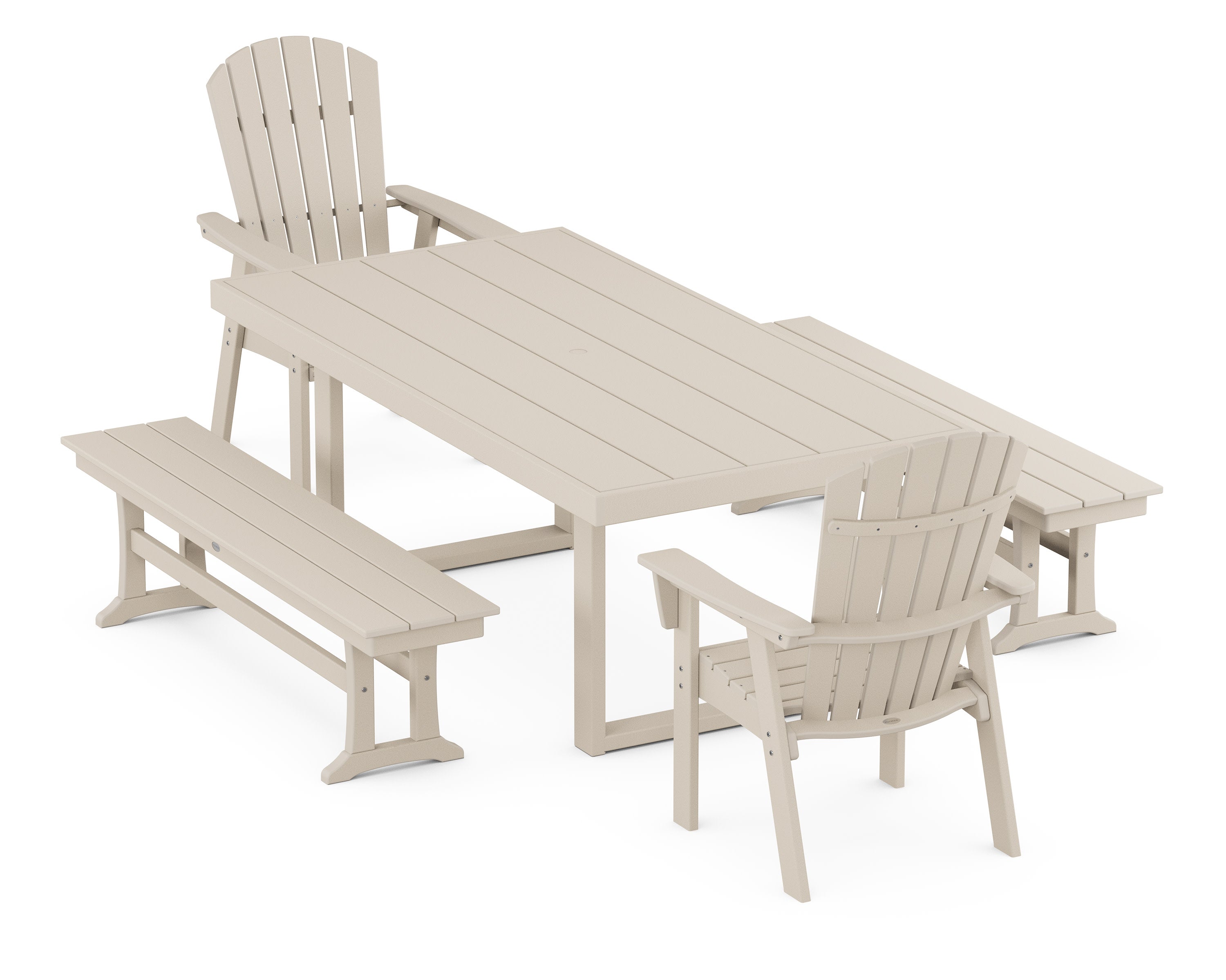 Nautical Curveback Adirondack 5-Piece Dining Set with Benches in Sand