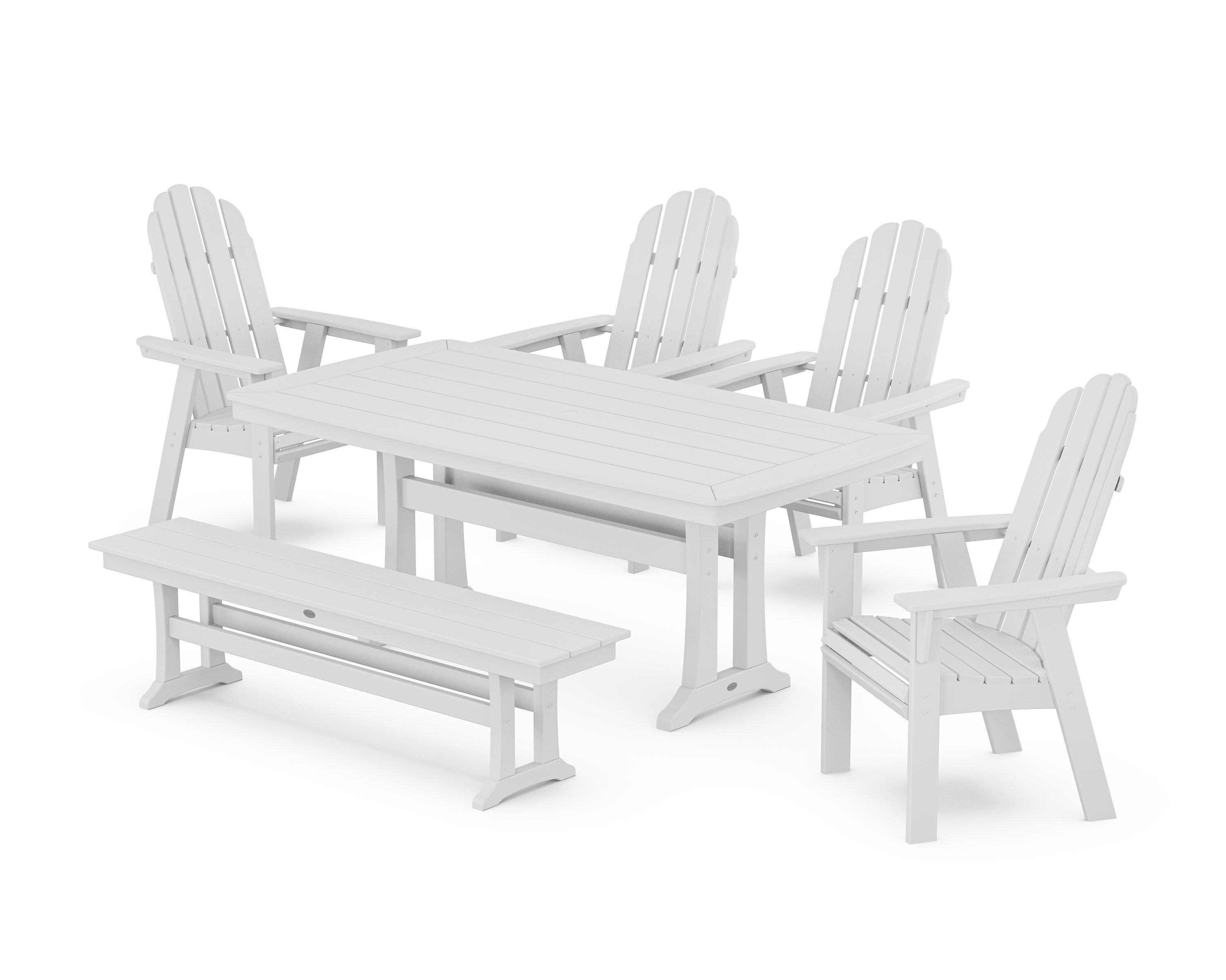 Vineyard Curveback Adirondack Chair 6-Piece Dining Set with Trestle Legs and Bench in White