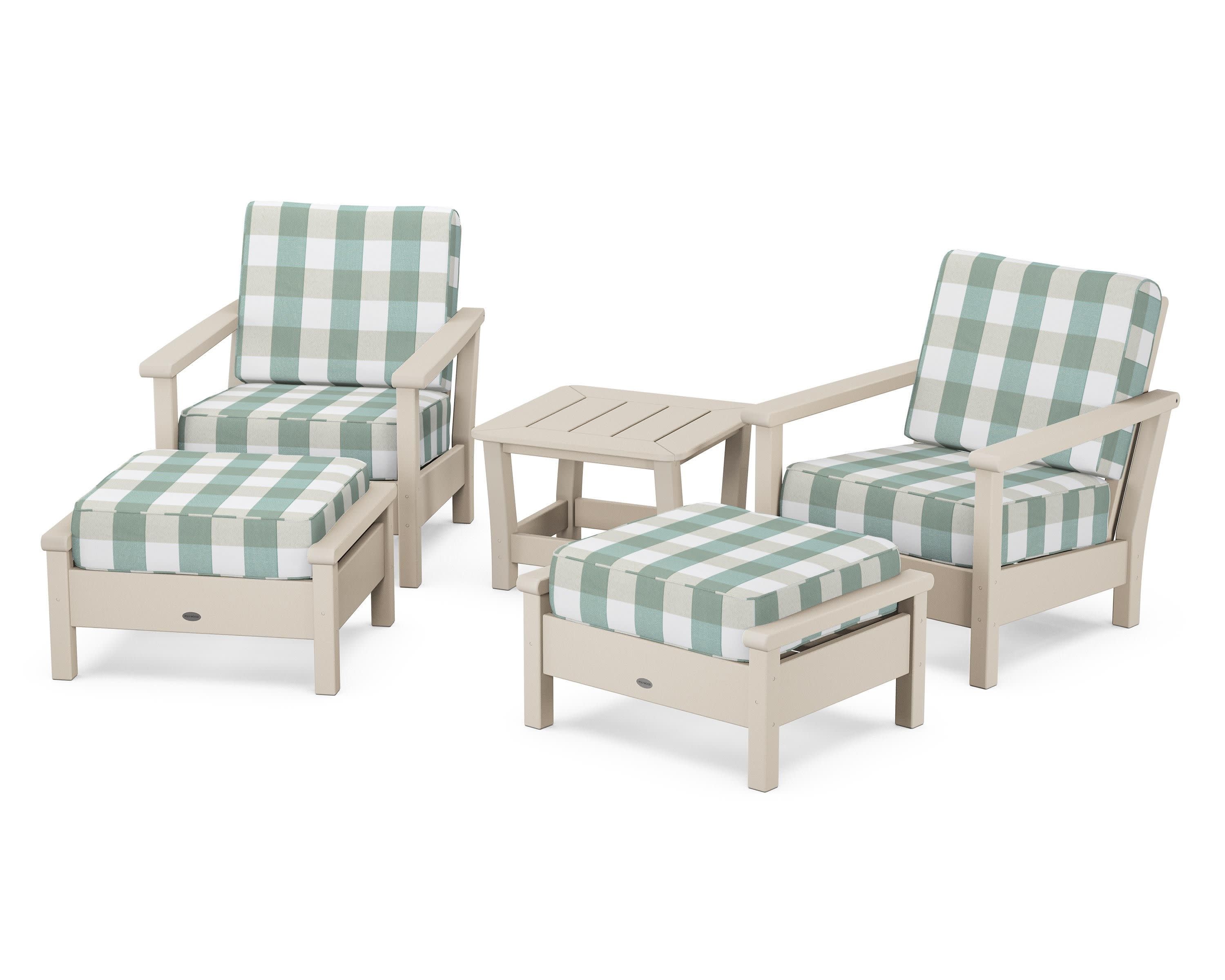 Harbour 5-Piece Deep Seating Chair Set in Sand / Buffalo Plaid Glacier Spa