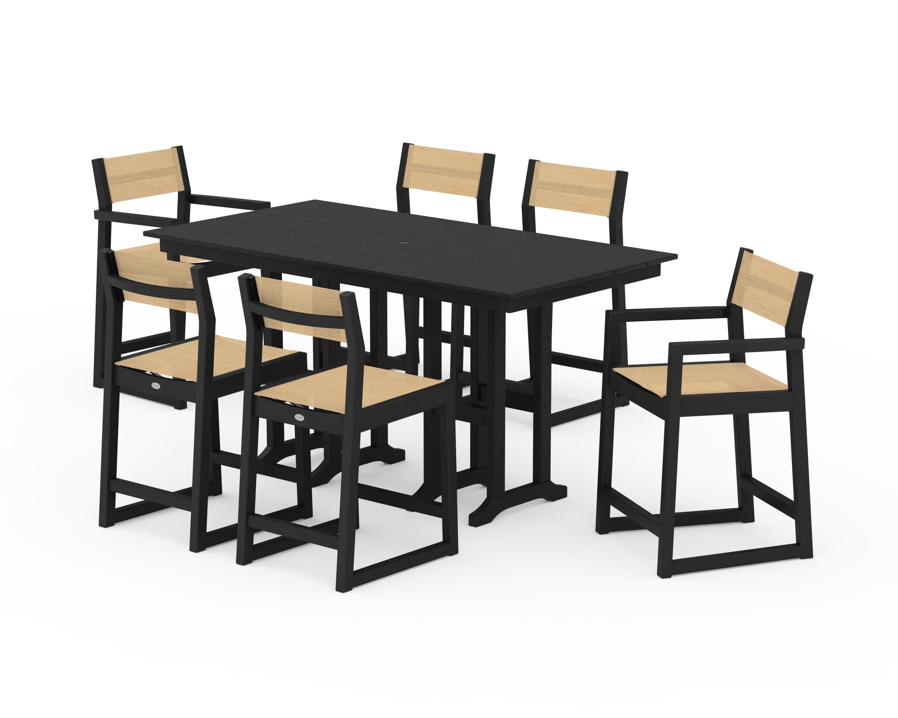 EDGE Sling 7-Piece Farmhouse Counter Set with Trestle Legs in Black / Dupioni Apricot Sling