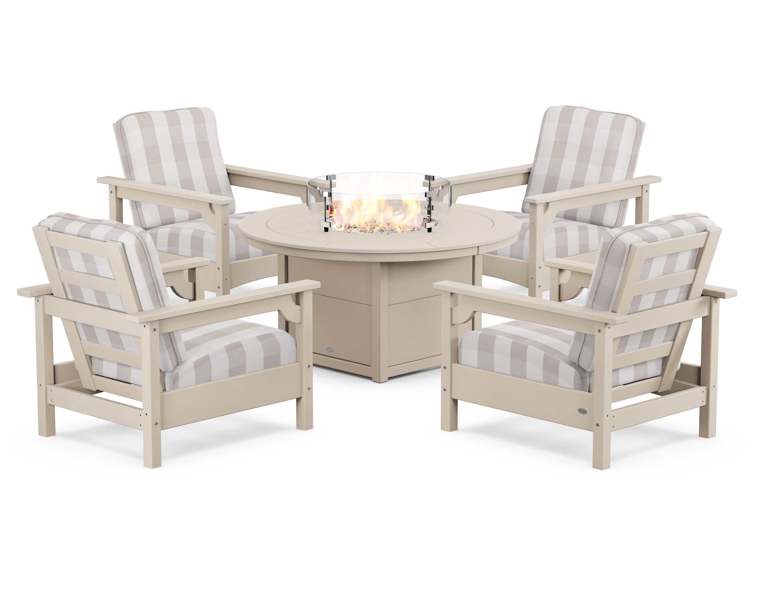 Club 5-Piece Conversation Set with Fire Pit Table in Sand / Buffalo Plaid Dune Burlap