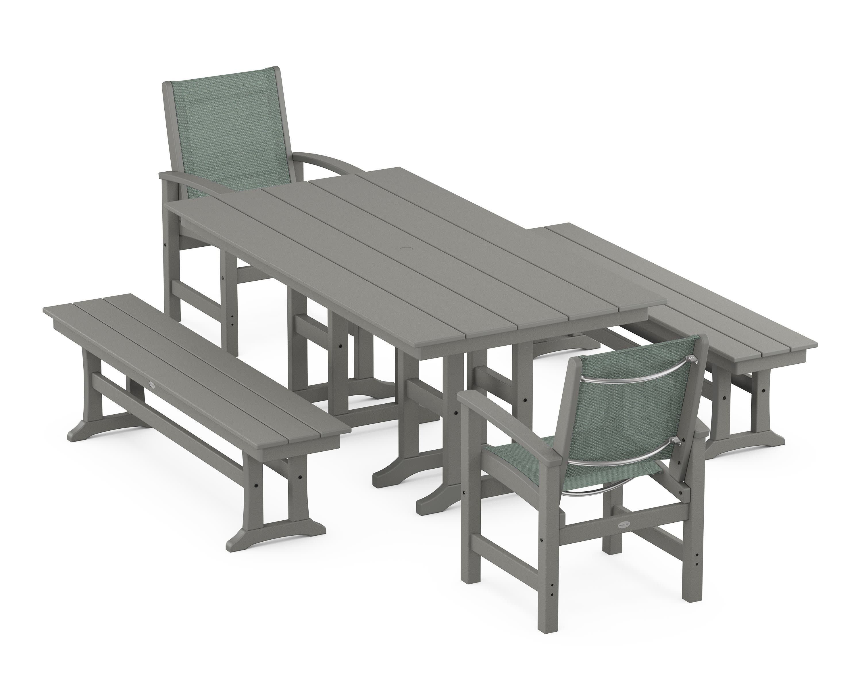 Coastal 5-Piece Farmhouse Dining Set in Slate Grey / Dupioni Sea Mist Sling