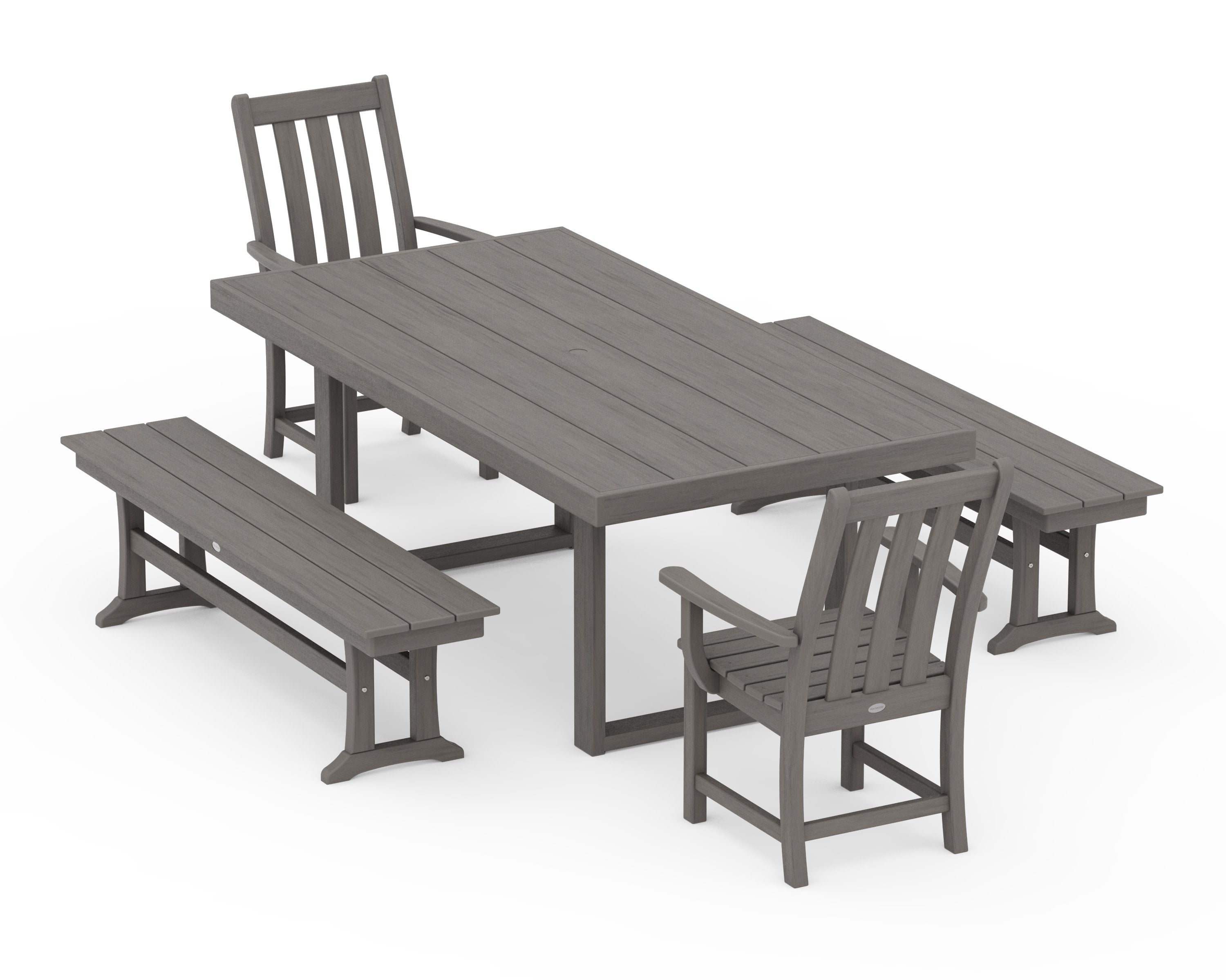 Vineyard 5-Piece Dining Set with Benches in Driftwood