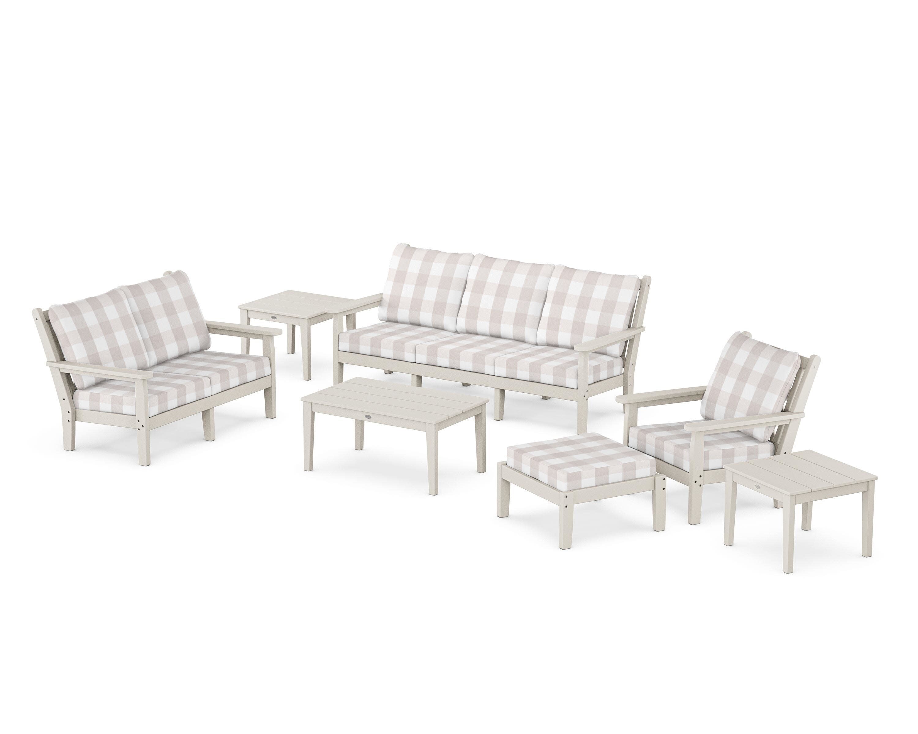 Chippendale 7-Piece Deep Seating Set in Sand / Buffalo Plaid Dune Burlap