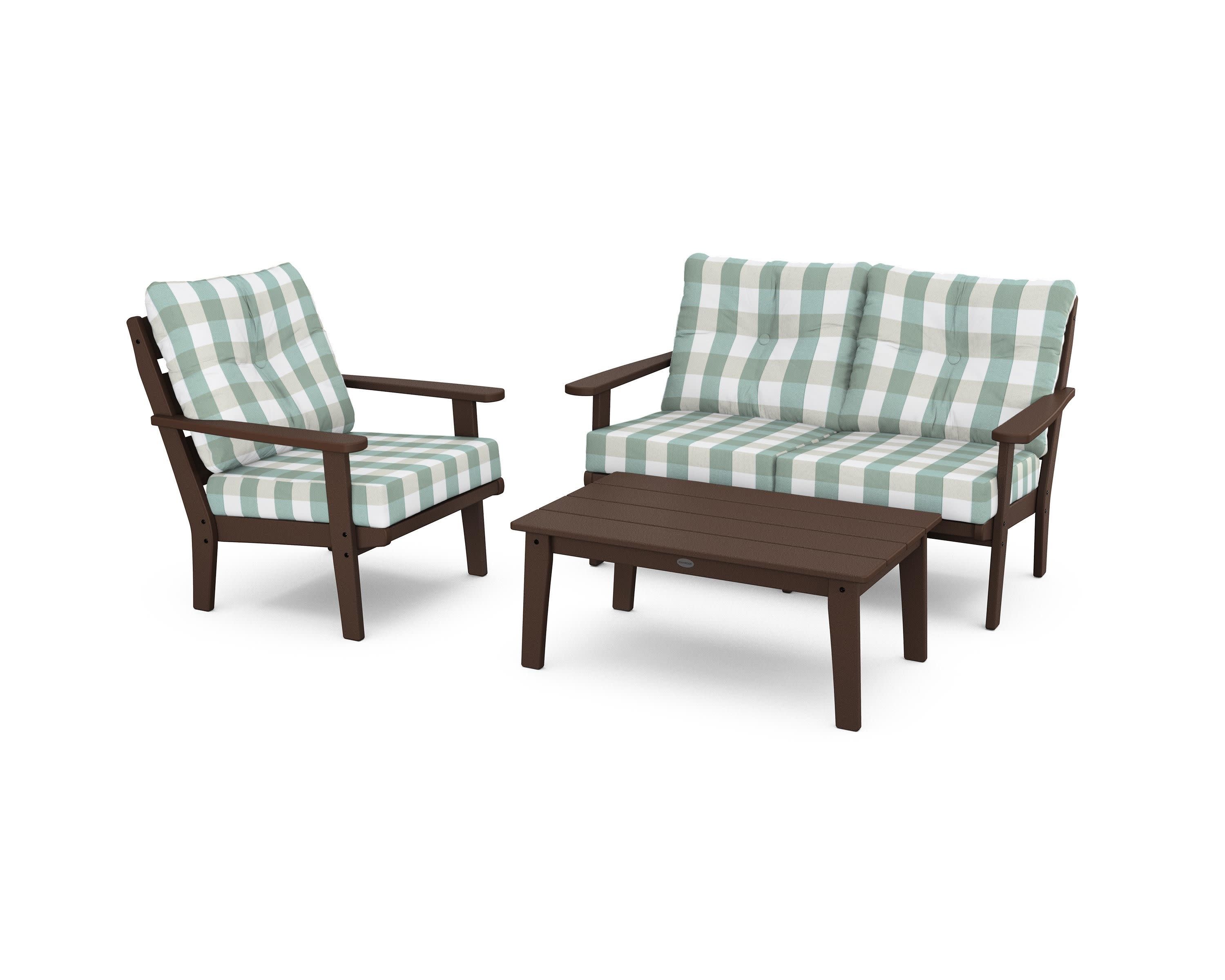 Lakeside 3-Piece Deep Seating Set in Mahogany / Buffalo Plaid Glacier Spa