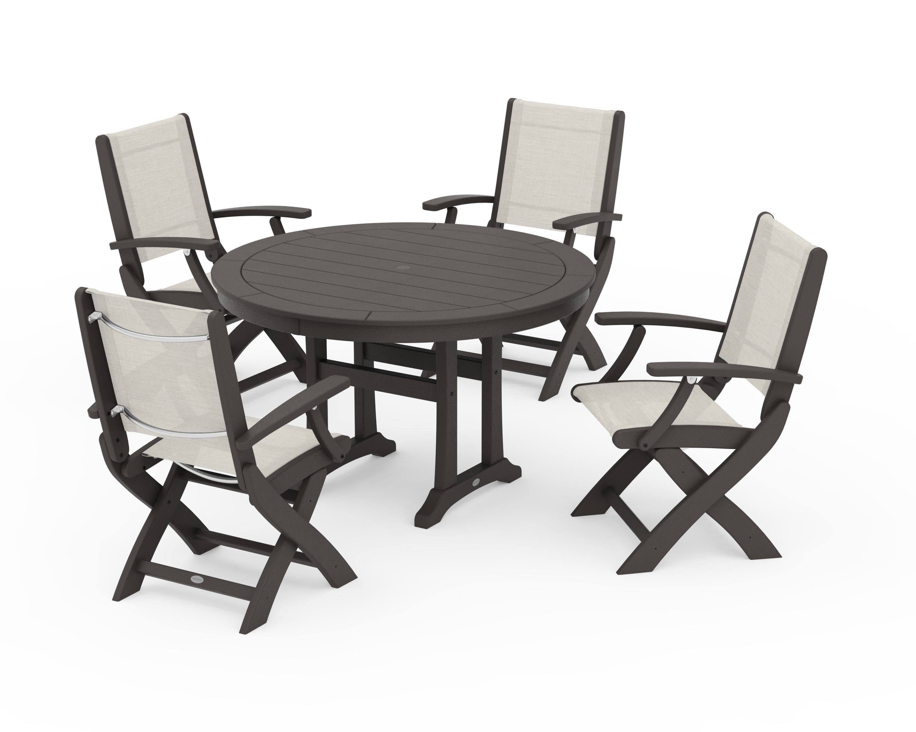 Coastal Folding Chair 5-Piece Round Dining Set with Trestle Legs in Vintage Coffee / Parchment Sling