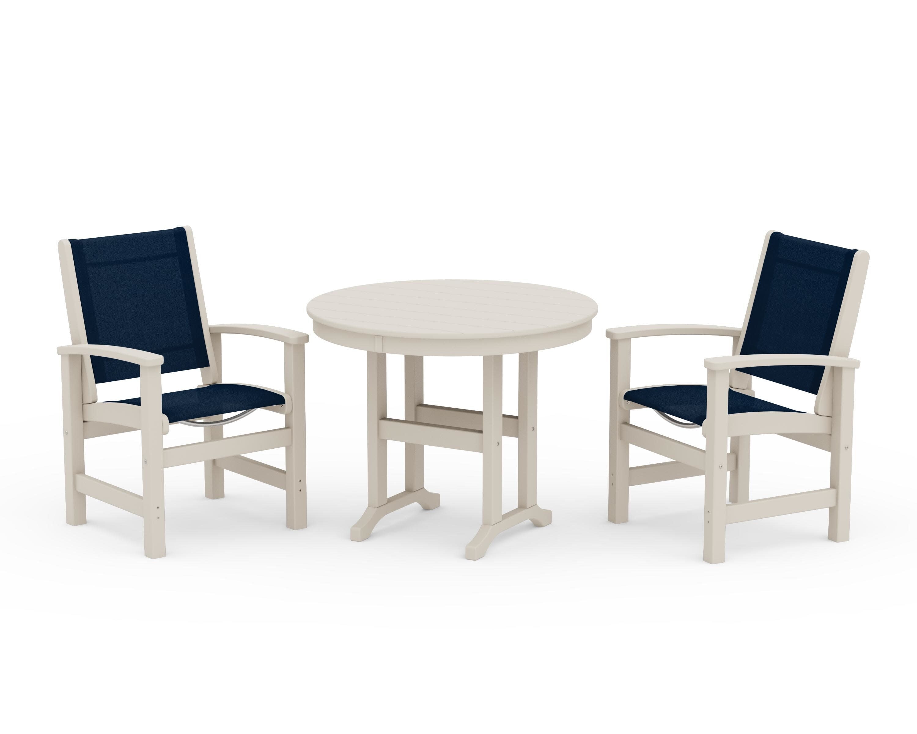 Coastal 3-Piece Round Dining Set in Sand / Navy Blue Sling