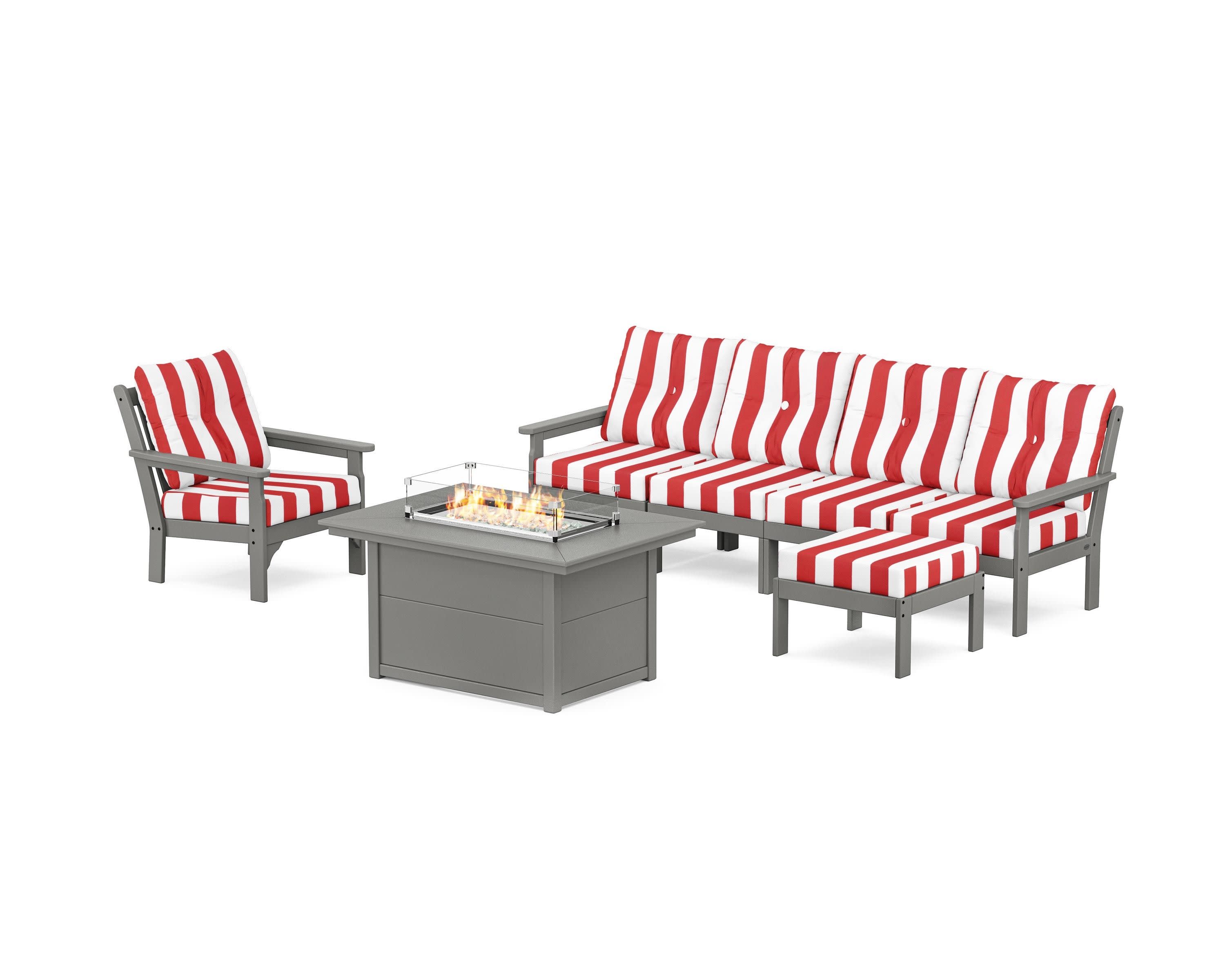 Vineyard Sectional Lounge and Fire Pit Set in Slate Grey / Cabana Stripe Crimson