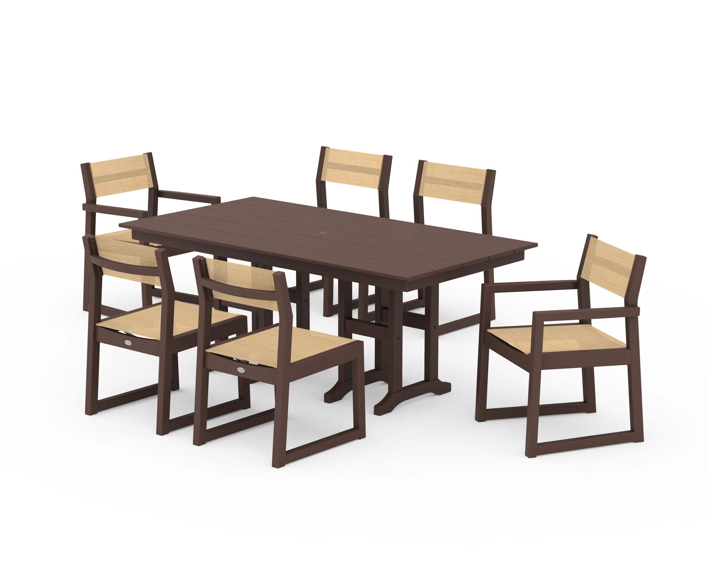 EDGE Sling 7-Piece Farmhouse Dining Set in Mahogany / Dupioni Apricot Sling