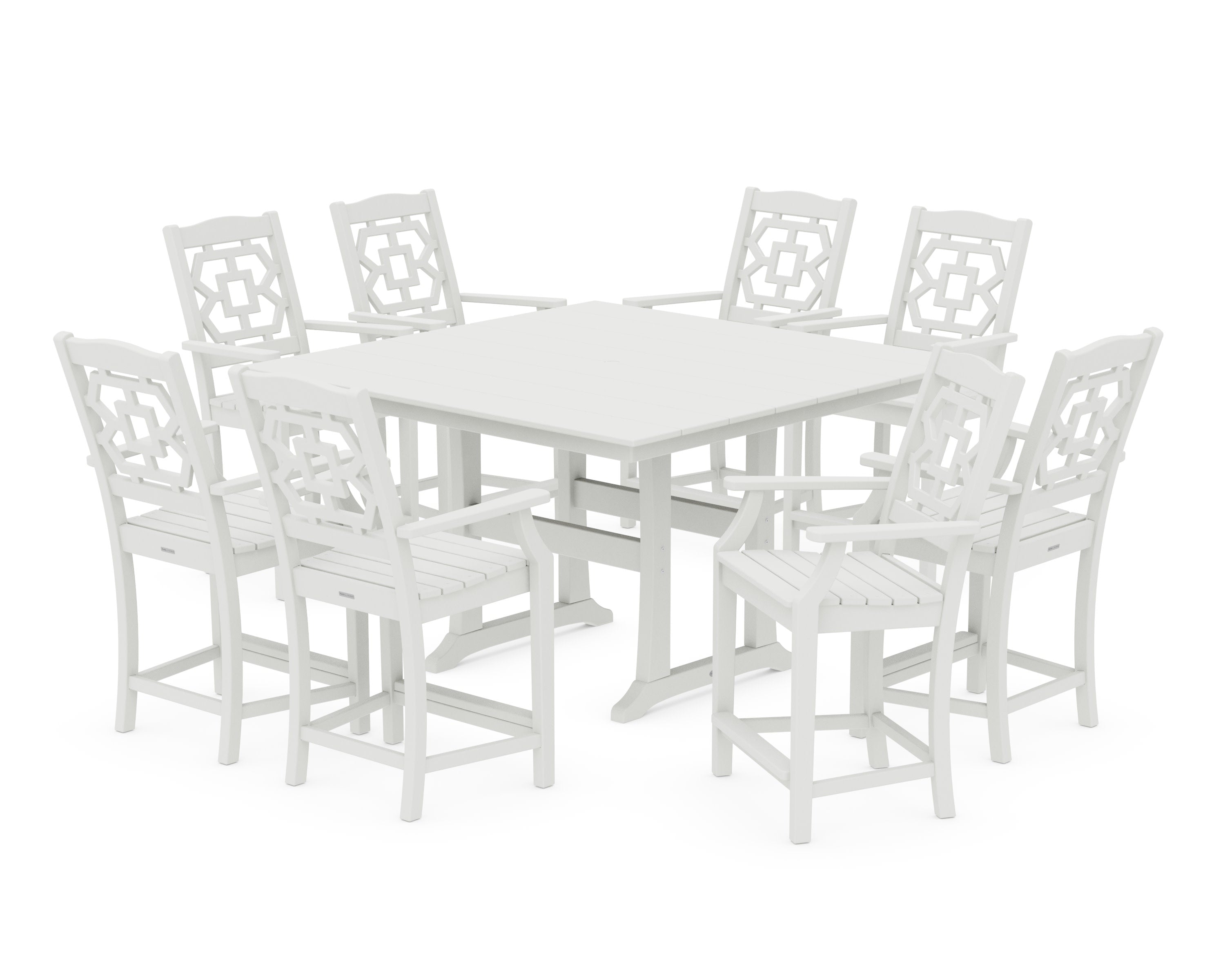 Chinoiserie 9-Piece Square Farmhouse Counter Set with Trestle Legs in Vintage White