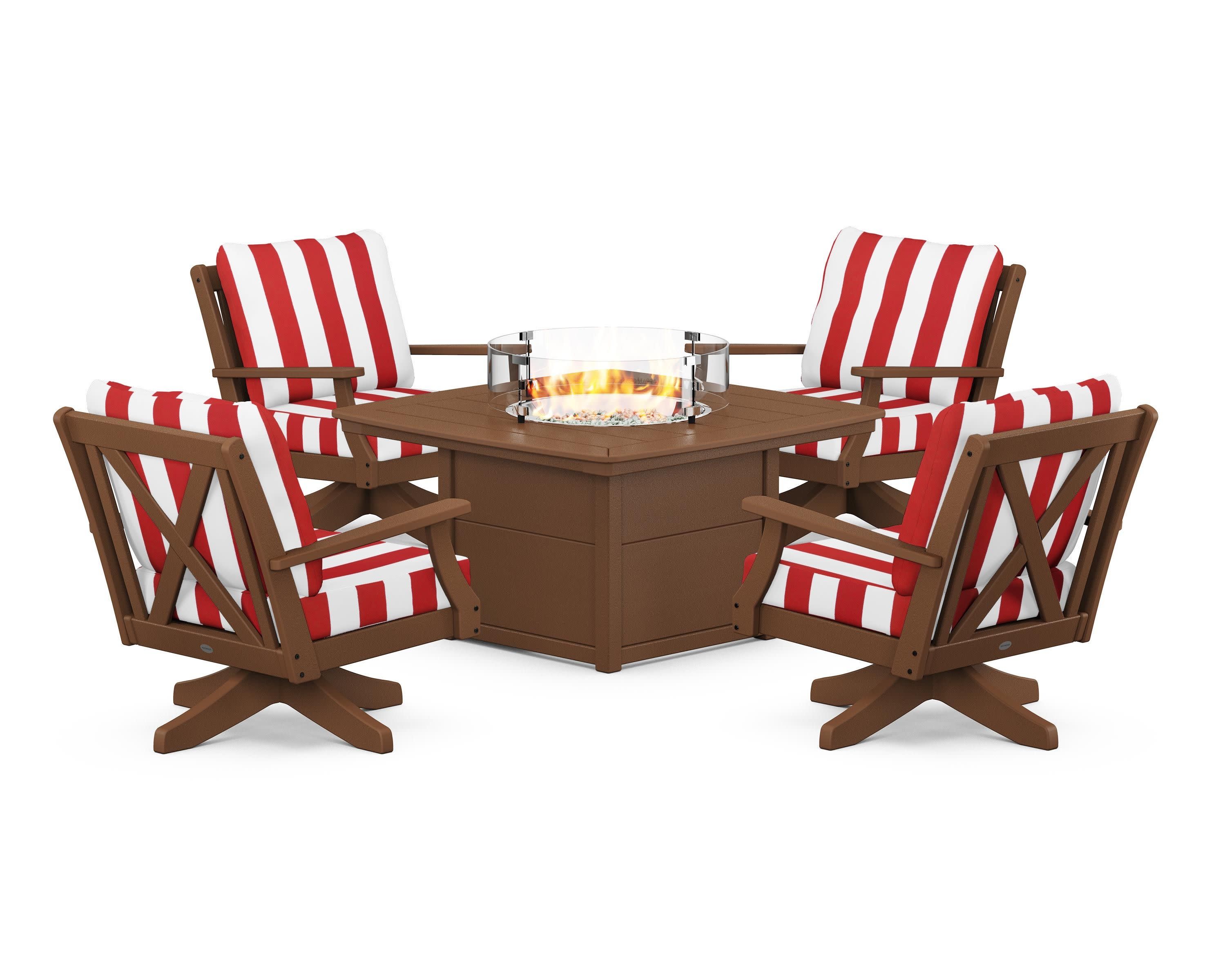 Braxton 5-Piece Deep Seating Swivel Conversation Set with Fire Pit Table in Teak / Cabana Stripe Crimson