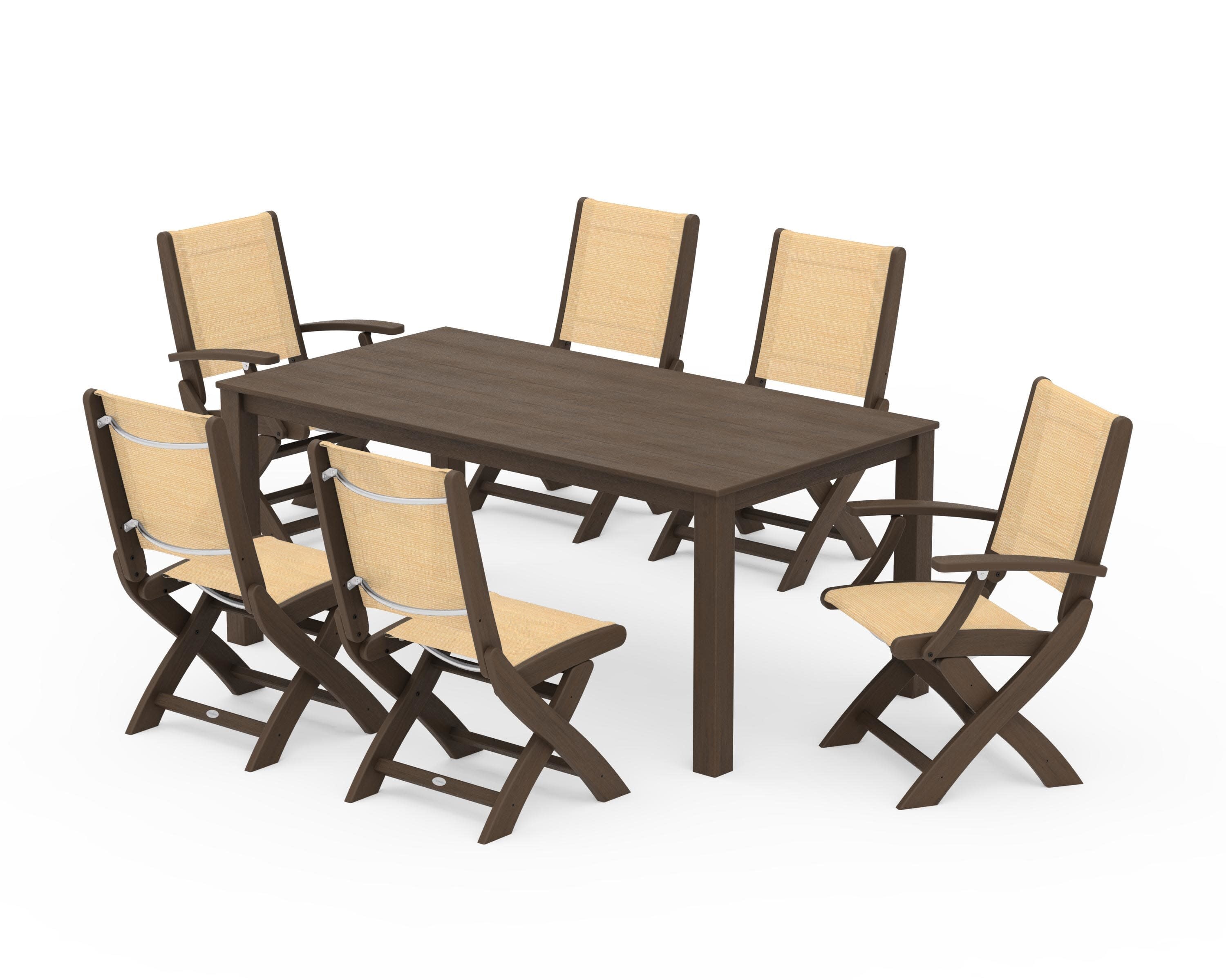 Coastal Folding Chair 7-Piece Parsons Dining Set in Kona / Dupioni Apricot Sling