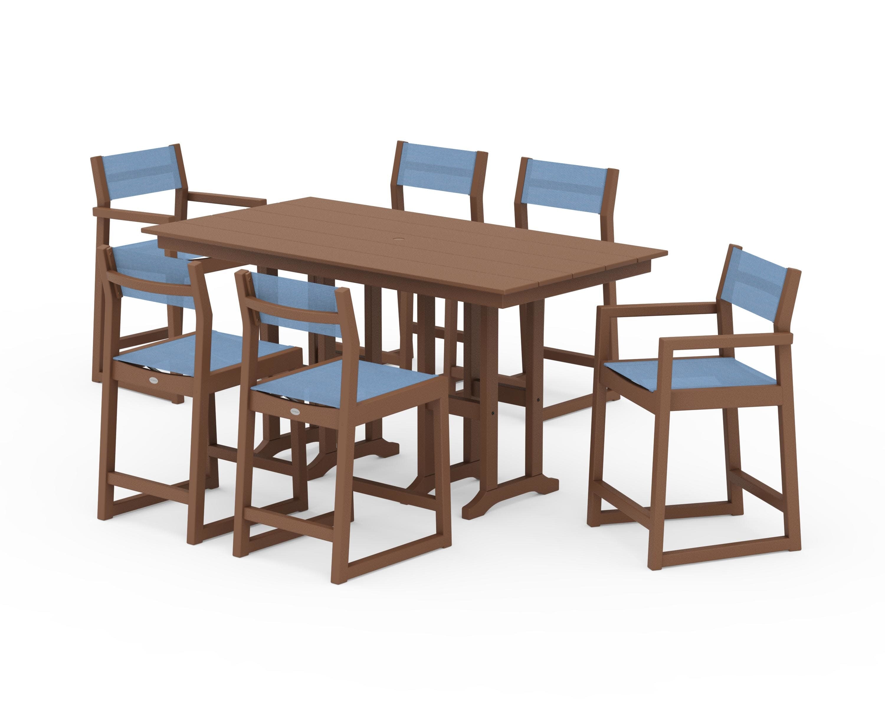 EDGE Sling 7-Piece Farmhouse Counter Set in Teak / Poolside Sling