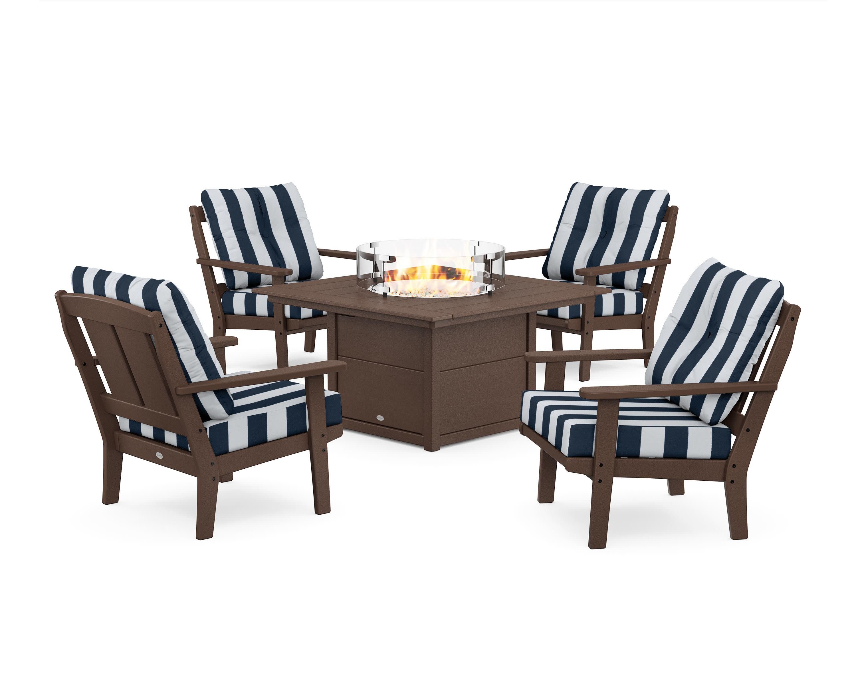 Mission 5-Piece Deep Seating Set with Fire Pit Table in Mahogany / Cabana Stripe Marine Indigo