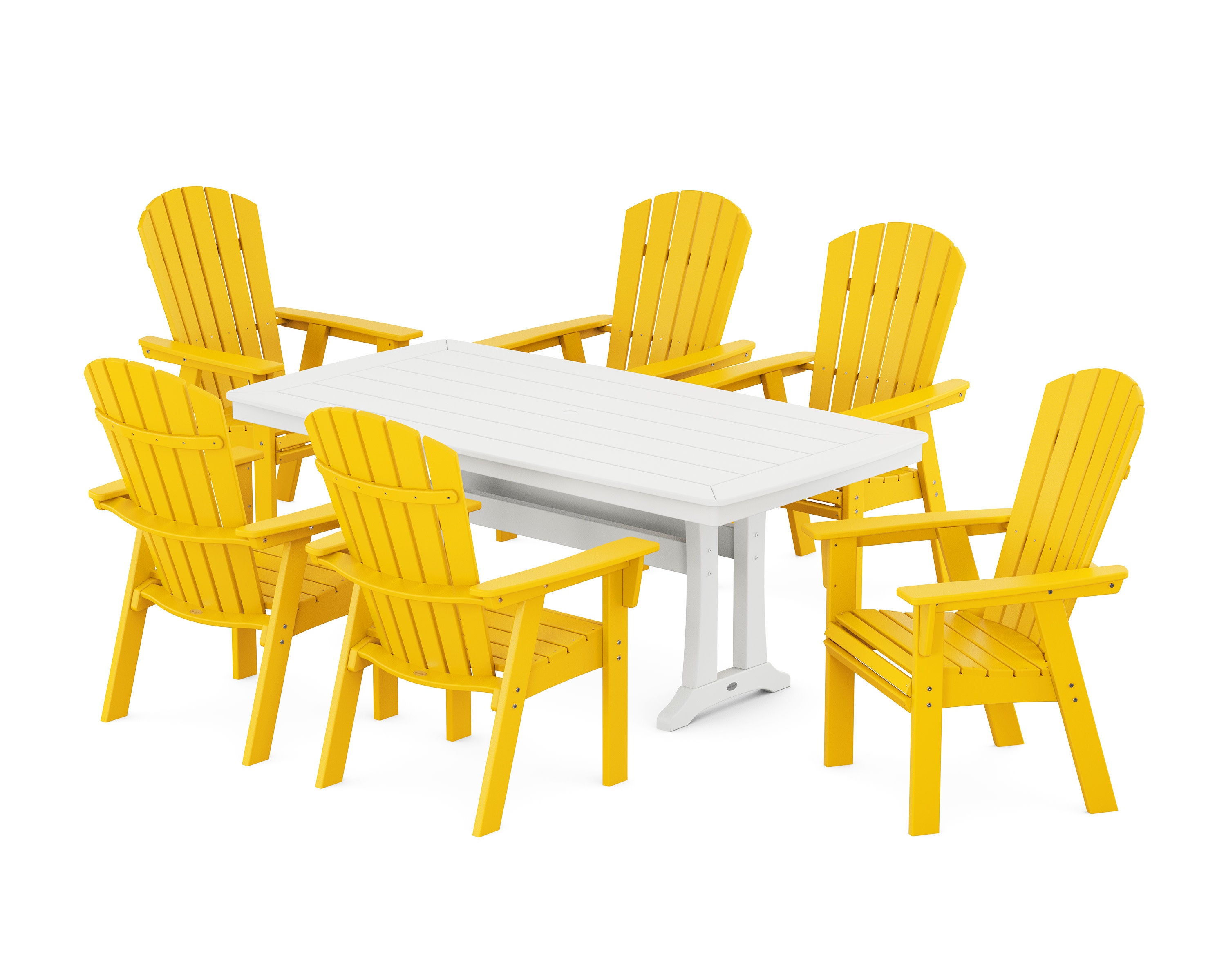 Nautical Curveback Adirondack 7-Piece Dining Set with Trestle Legs in Lemon / White