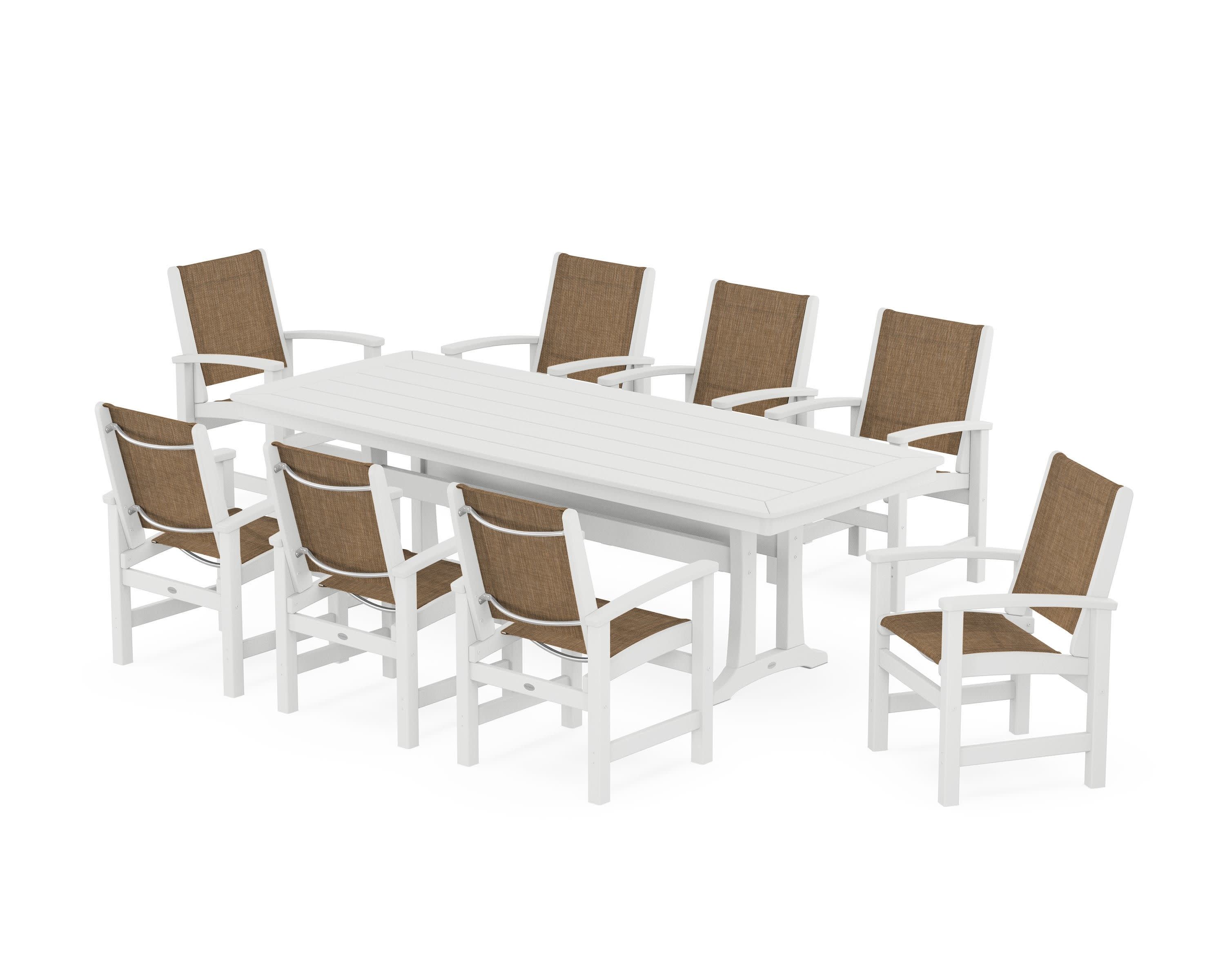 Coastal 9-Piece Dining Set with Trestle Legs in White / Burlap Sling