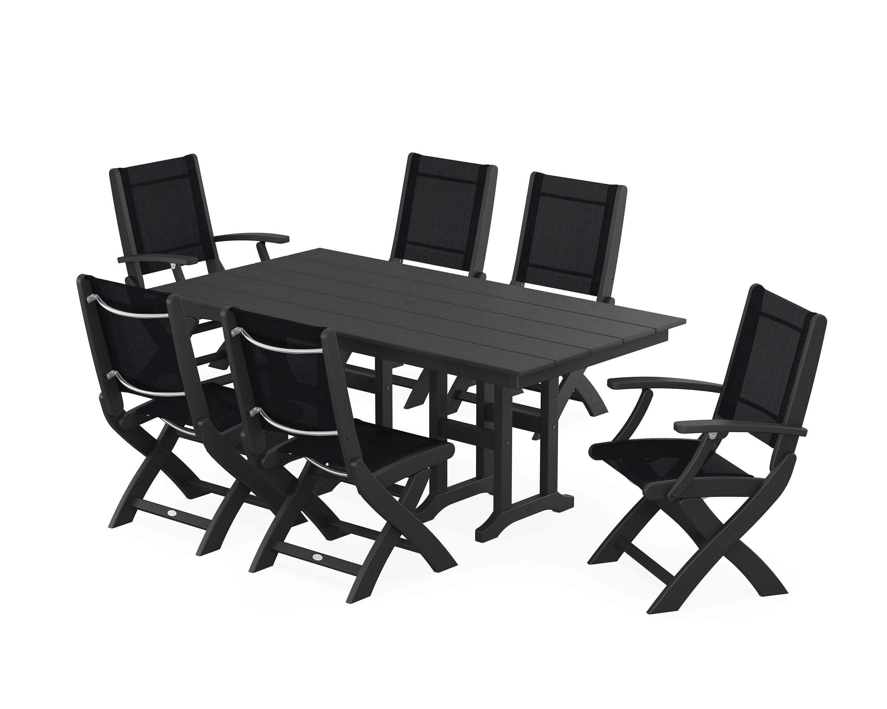 Coastal Folding Chair 7-Piece Farmhouse Dining Set in Black / Black Sling