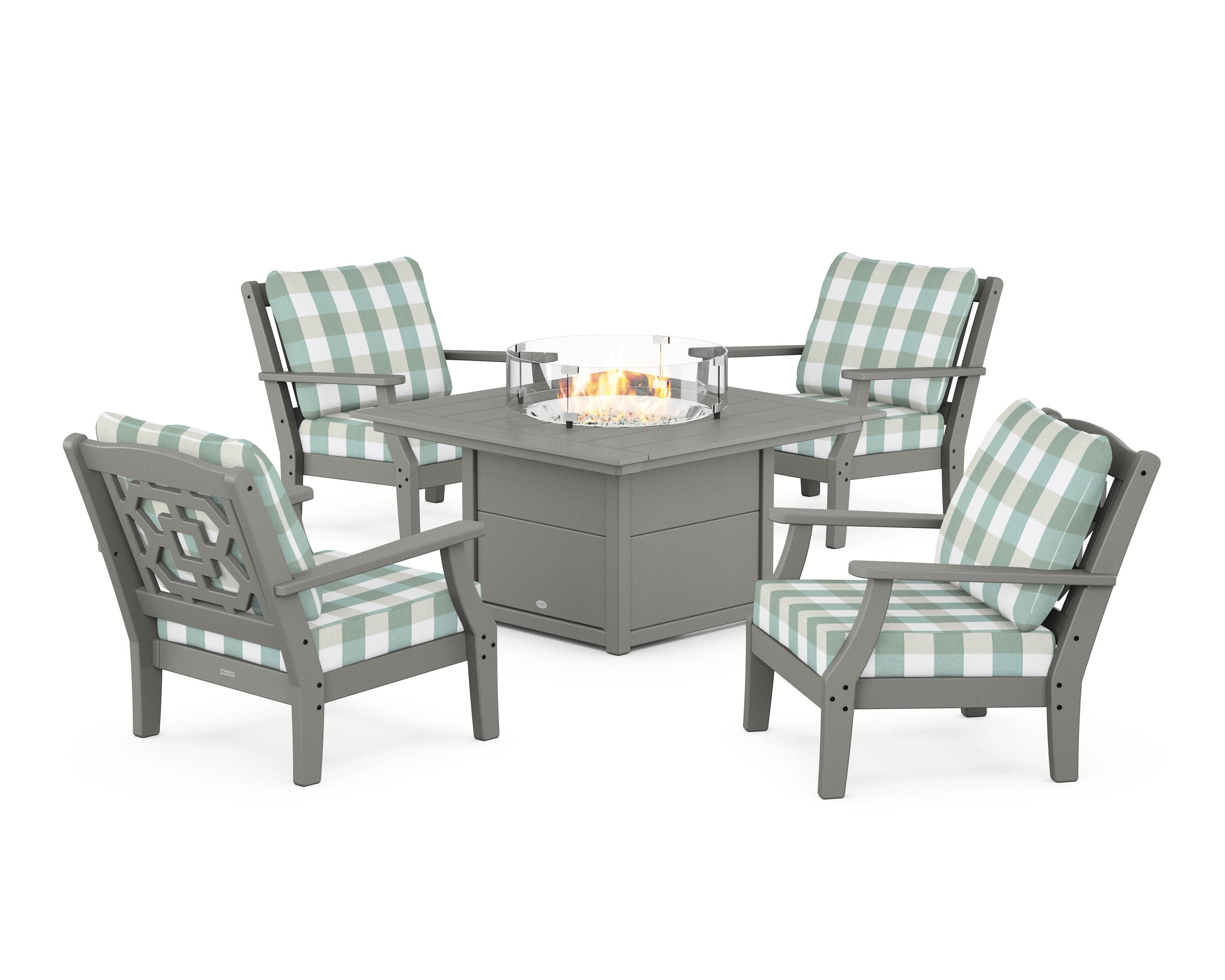 Chinoiserie 5-Piece Deep Seating Set with Fire Pit Table in Slate Grey / Buffalo Plaid Glacier Spa