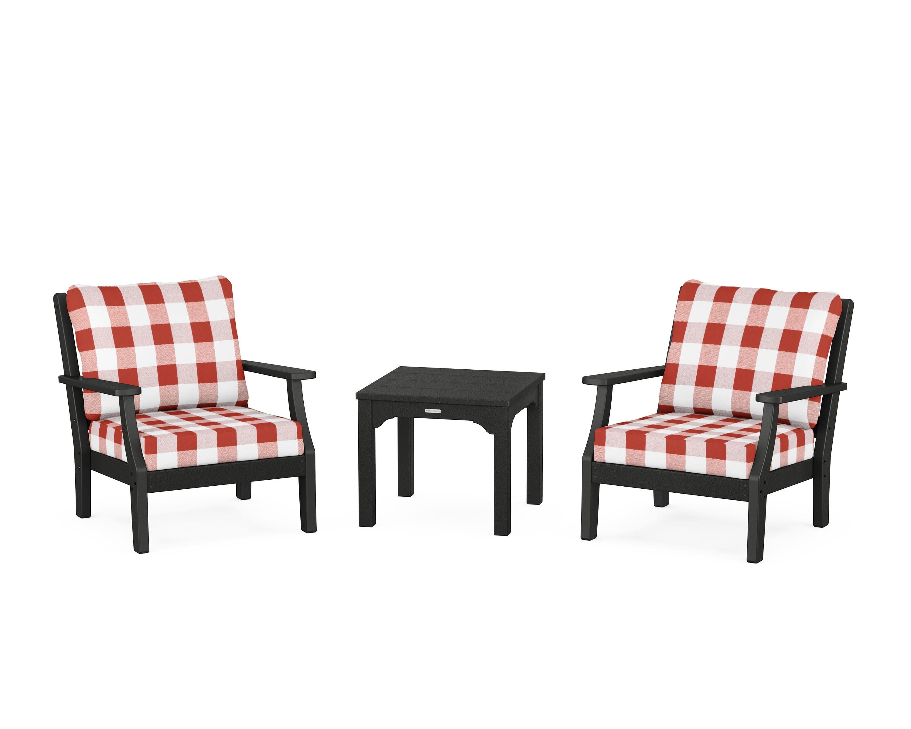 Chinoiserie 3-Piece Deep Seating Set in Black / Buffalo Plaid Crimson