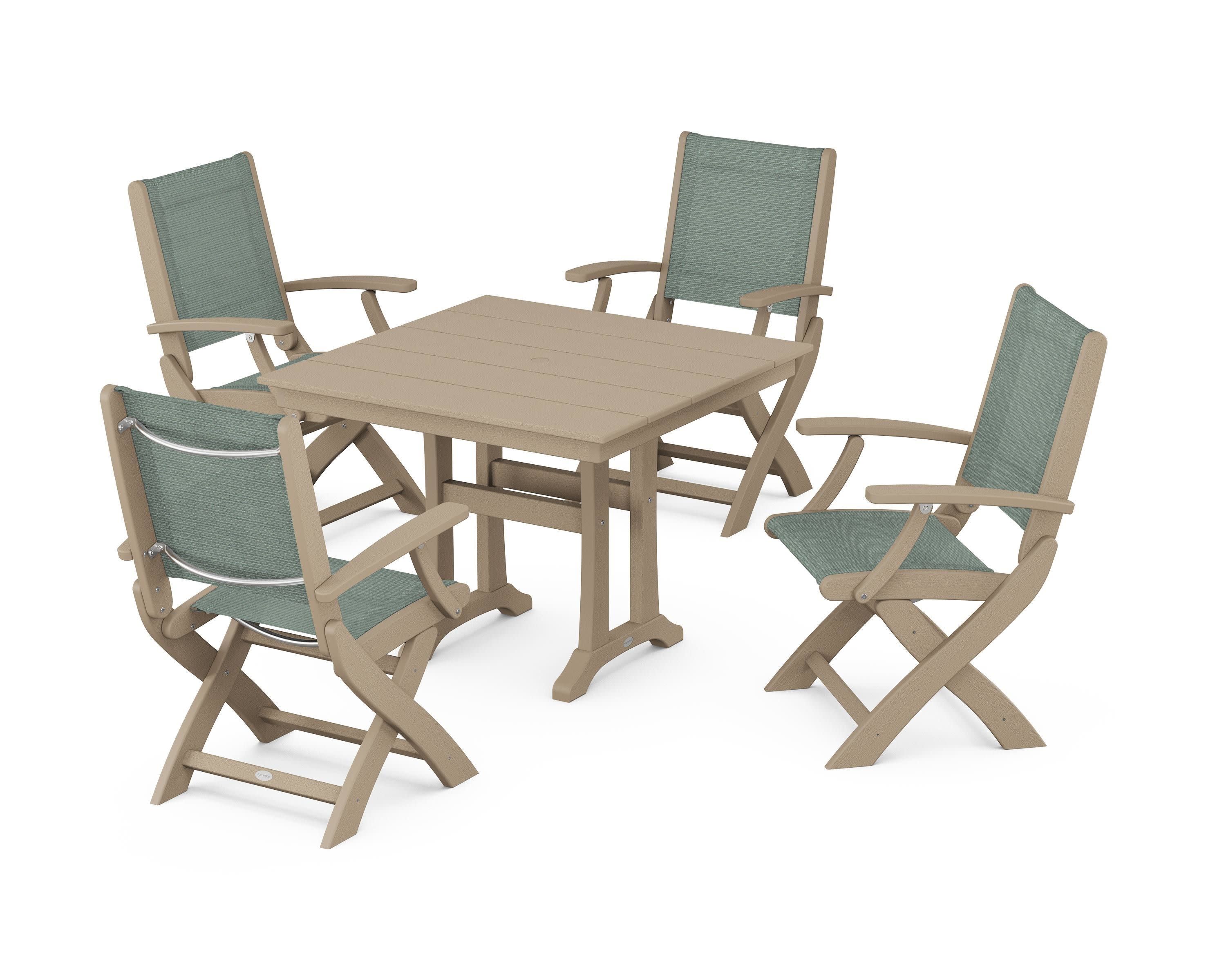 Coastal Folding Chair 5-Piece Farmhouse Dining Set With Trestle Legs in Vintage Sahara / Dupioni Sea Mist Sling
