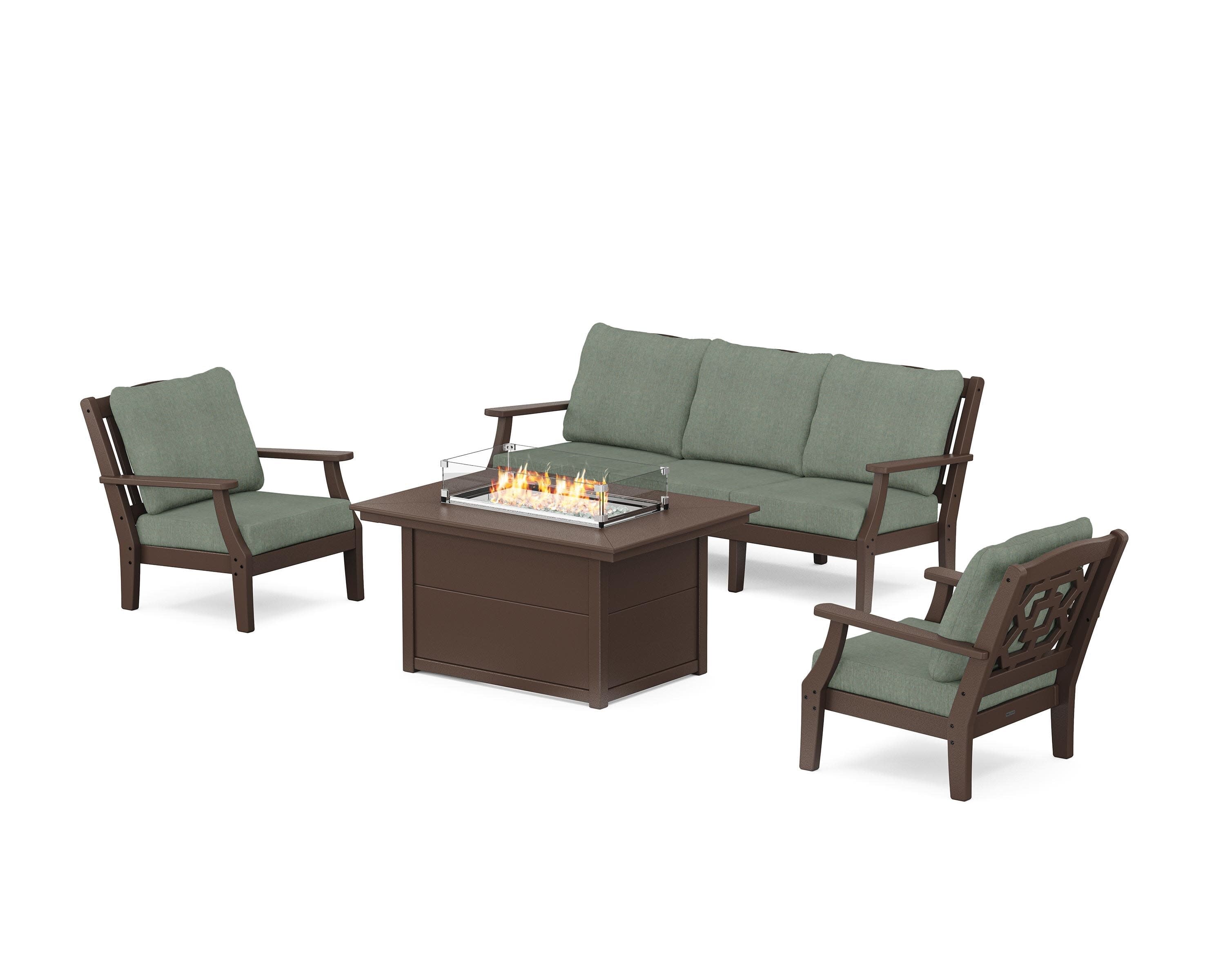 Chinoiserie Deep Seating Fire Pit Table Set in Mahogany / Cast Sage