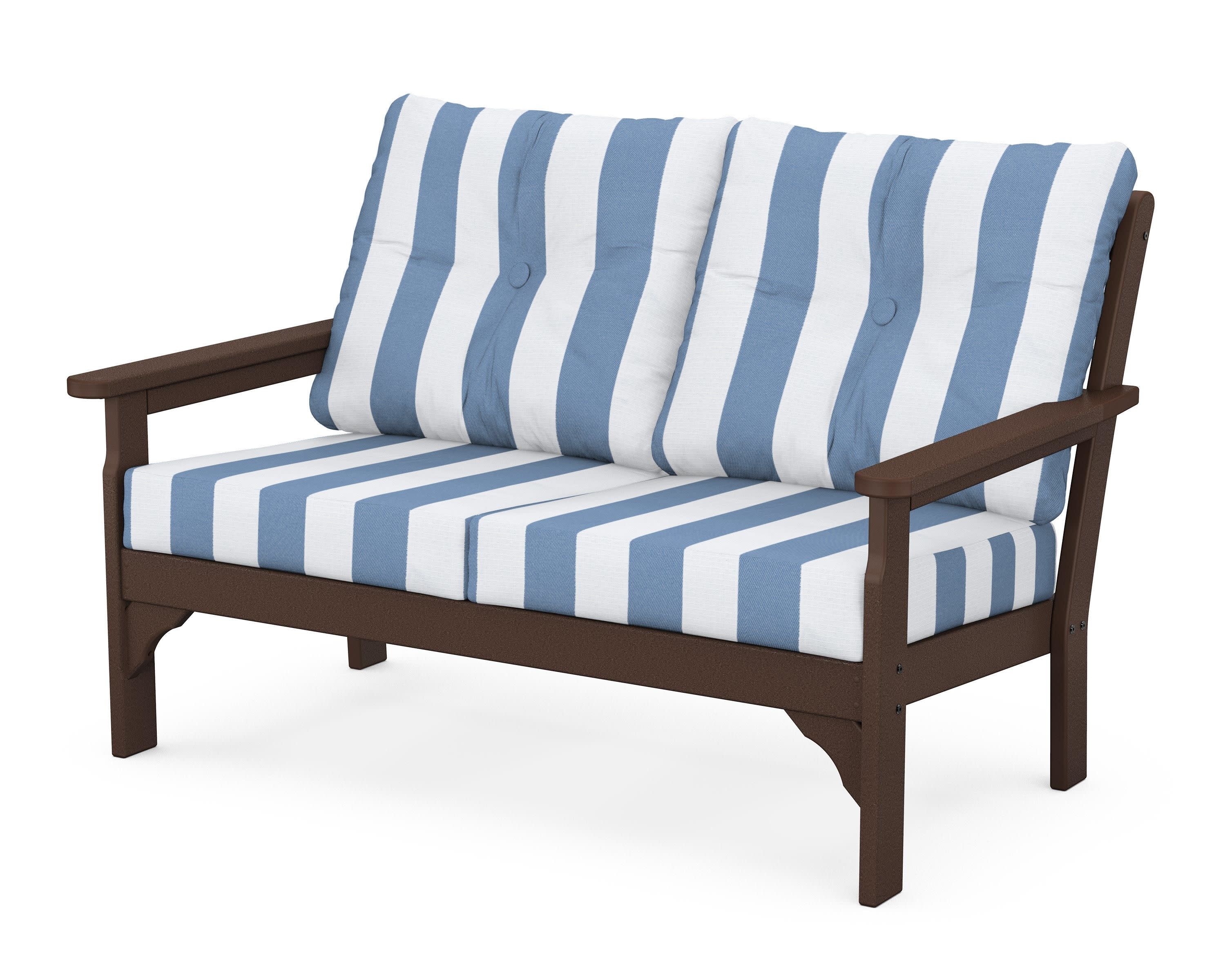 Vineyard Deep Seating Loveseat in Mahogany / Cabana Stripe Sky Blue