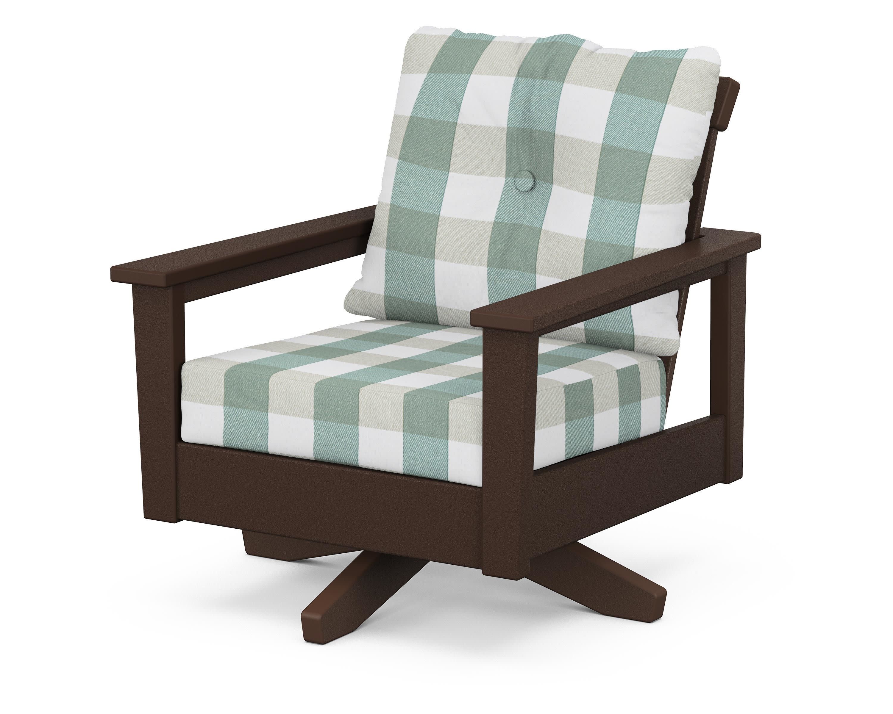 Prescott Deep Seating Swivel Chair in Mahogany / Buffalo Plaid Glacier Spa