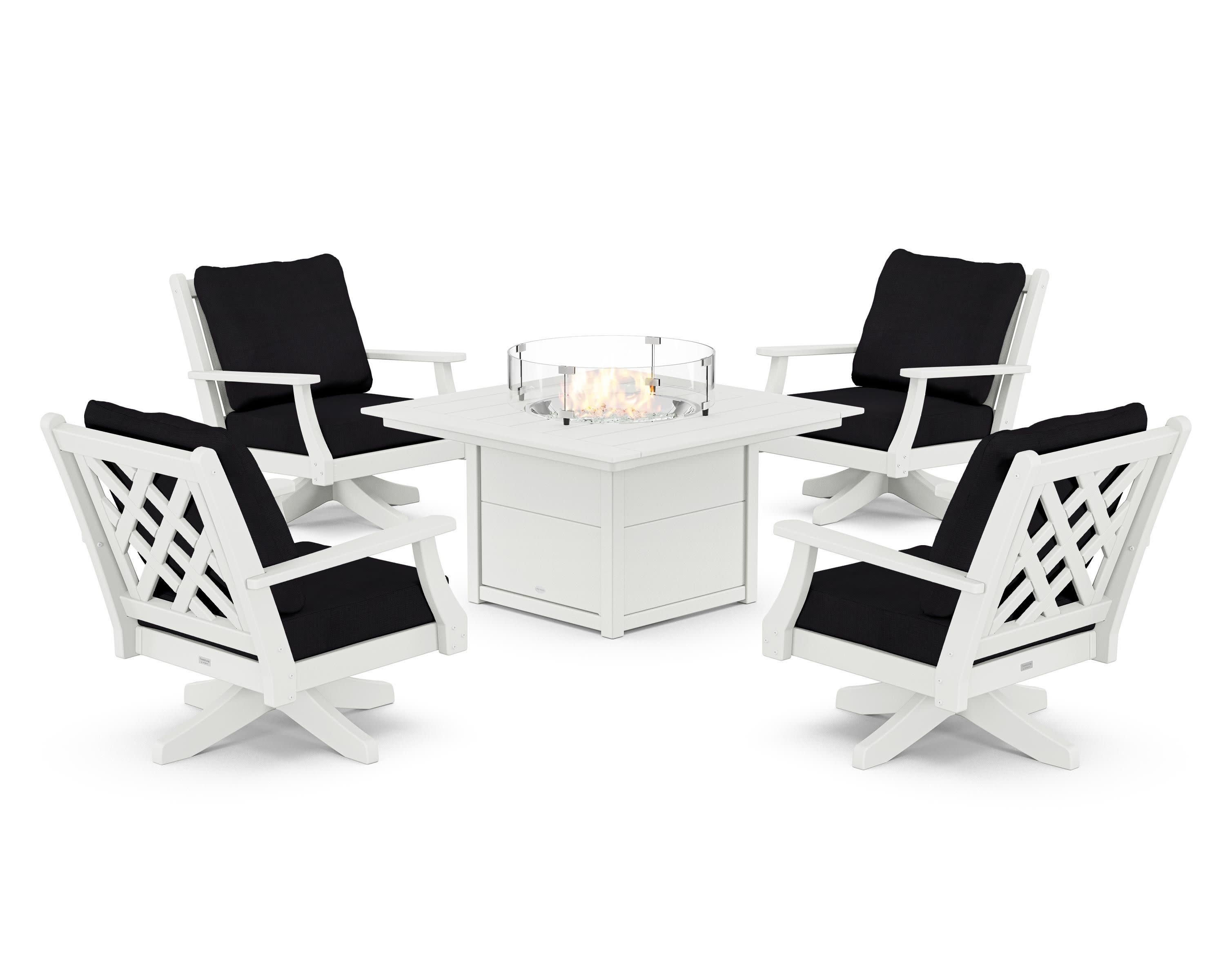 Wovendale 5-Piece Deep Seating Swivel Conversation Set with Fire Pit Table in White / Midnight Linen