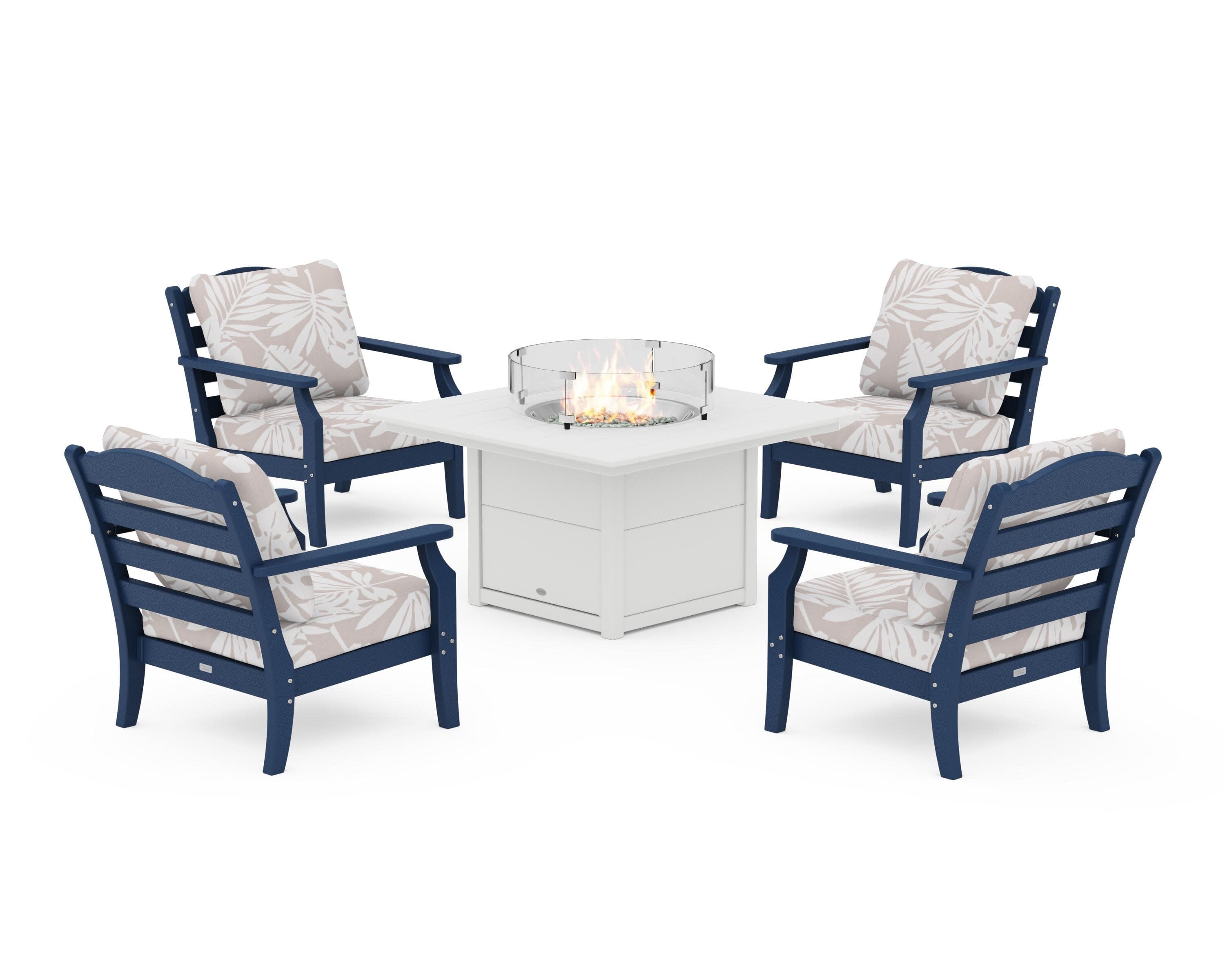 Savannah 5-Piece Deep Seating Set with Fire Pit Table in Navy / Leaf Dune Burlap