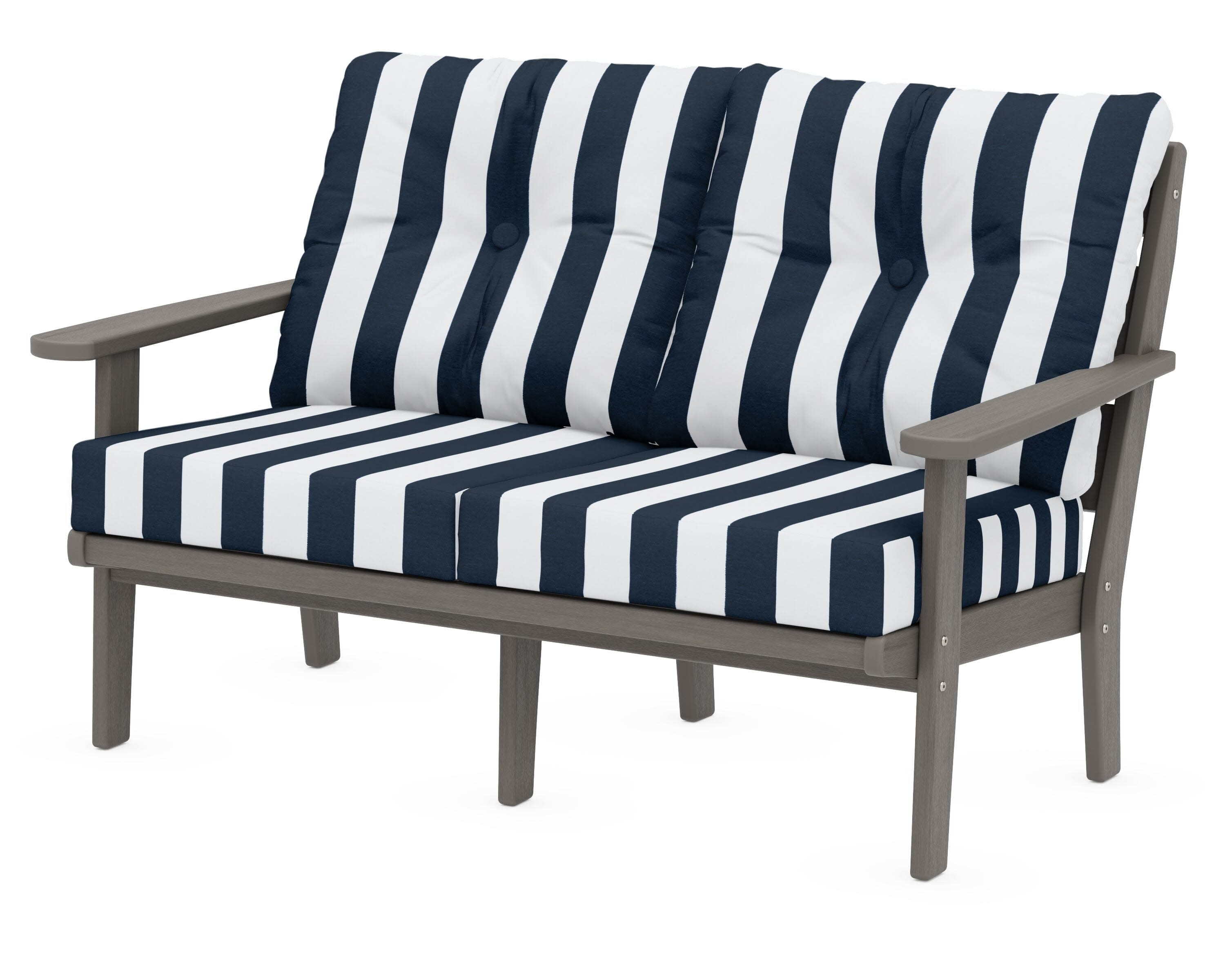Lakeside Deep Seating Loveseat in Driftwood / Cabana Stripe Marine Indigo