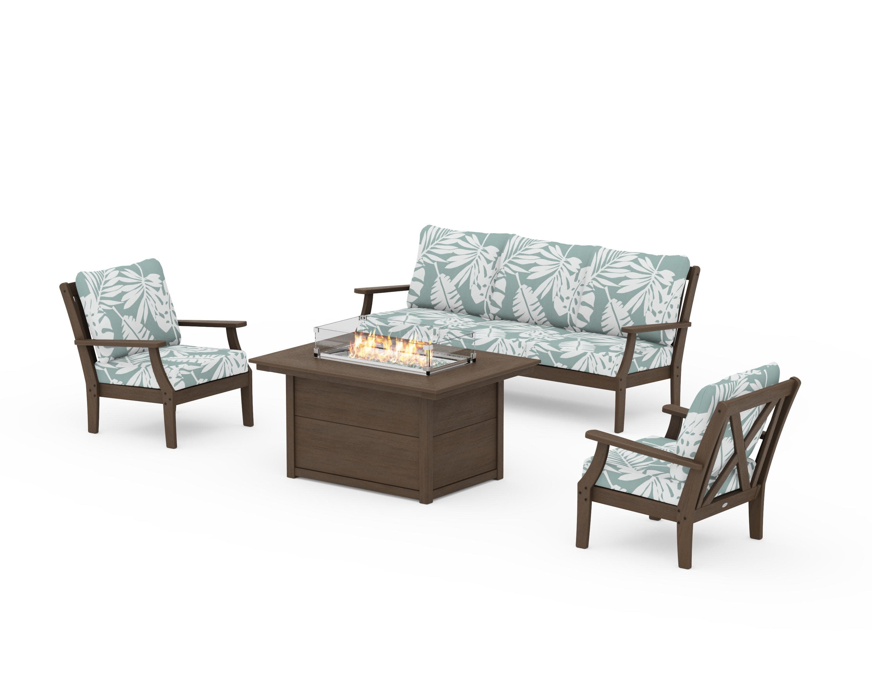 Braxton Deep Seating Fire Pit Table Set in Kona / Leaf Glacier Spa