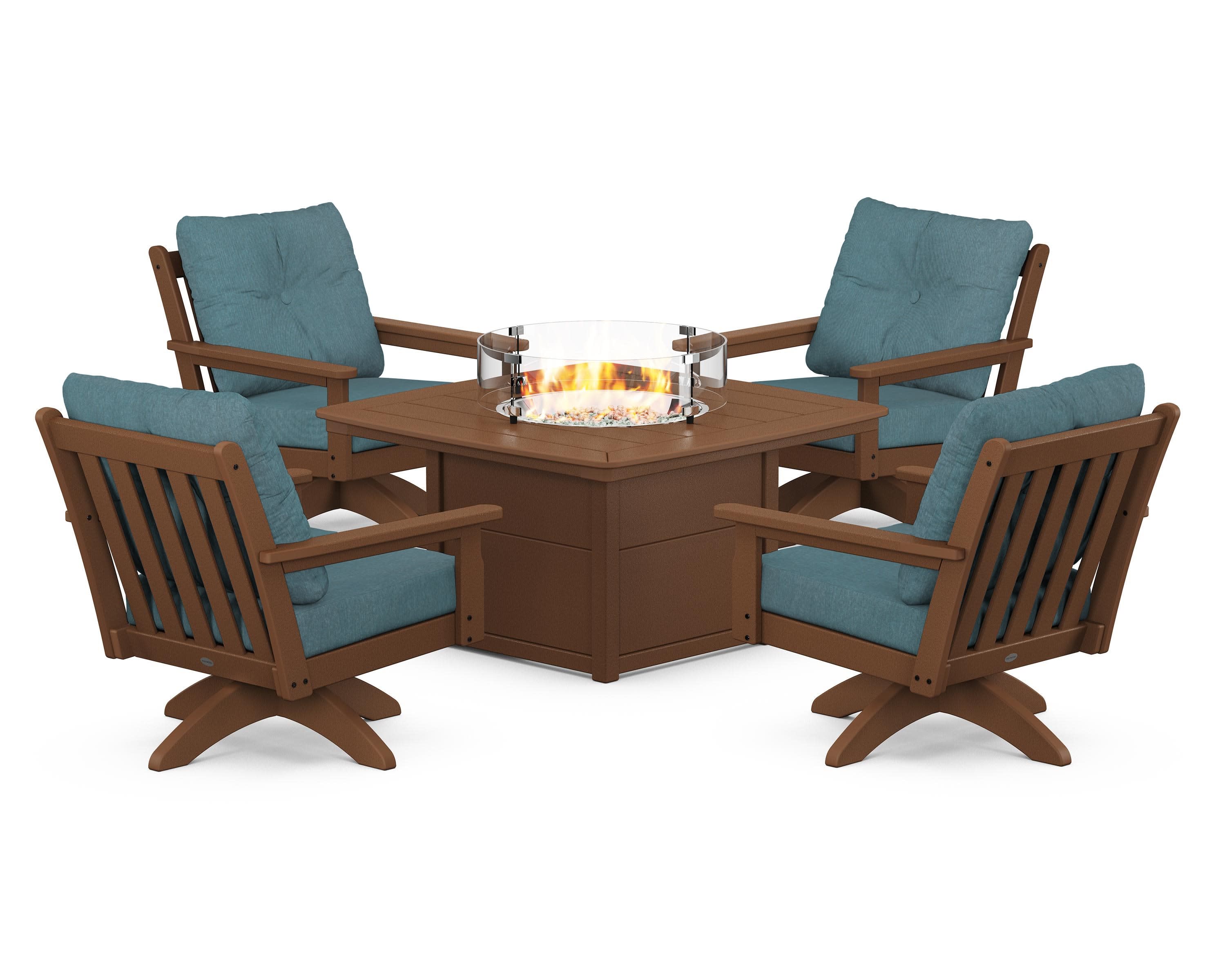 Vineyard 5-Piece Deep Seating Swivel Conversation Set with Fire Pit Table in Teak / Ocean Teal