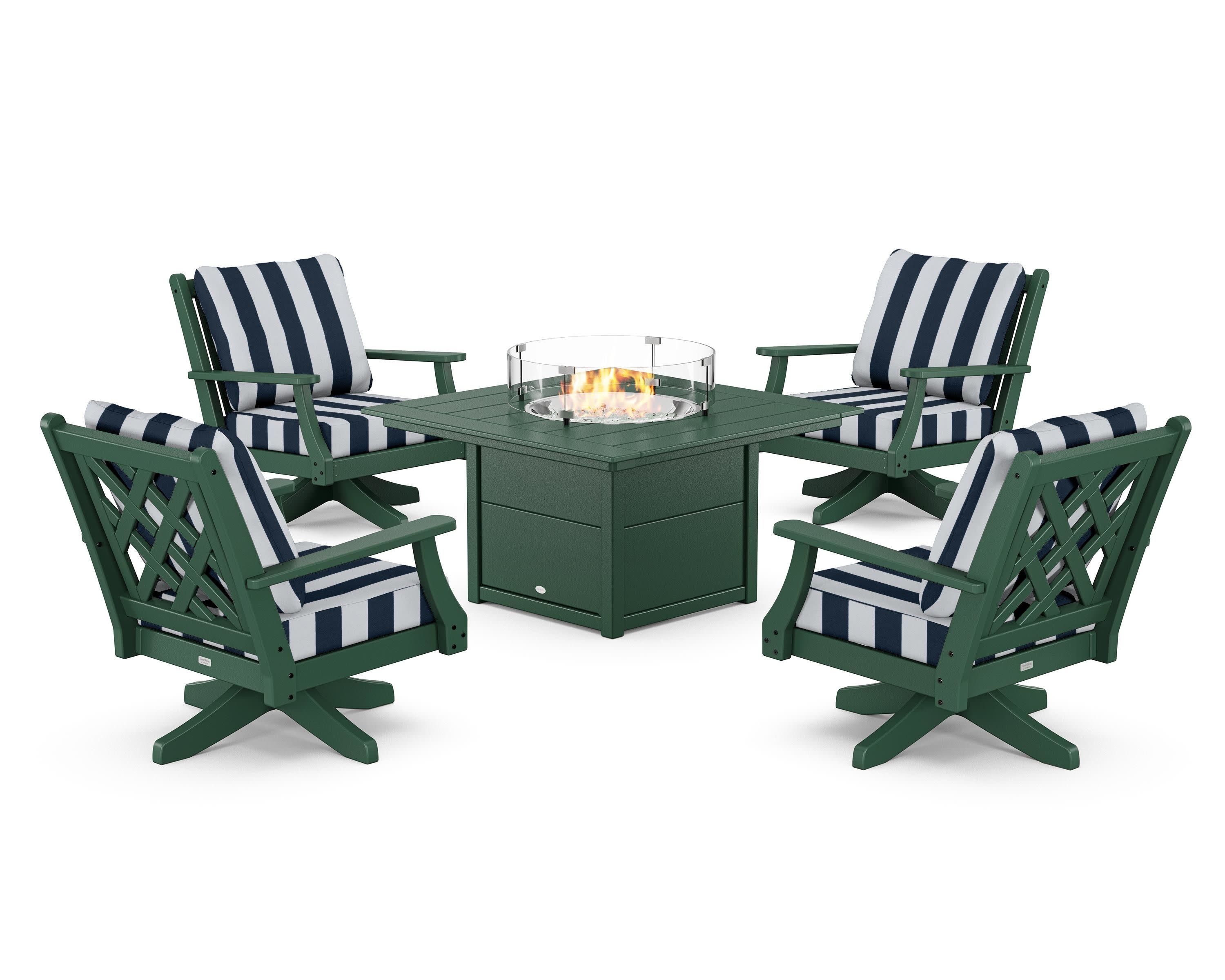 Wovendale 5-Piece Deep Seating Swivel Conversation Set with Fire Pit Table in Green / Cabana Stripe Marine Indigo
