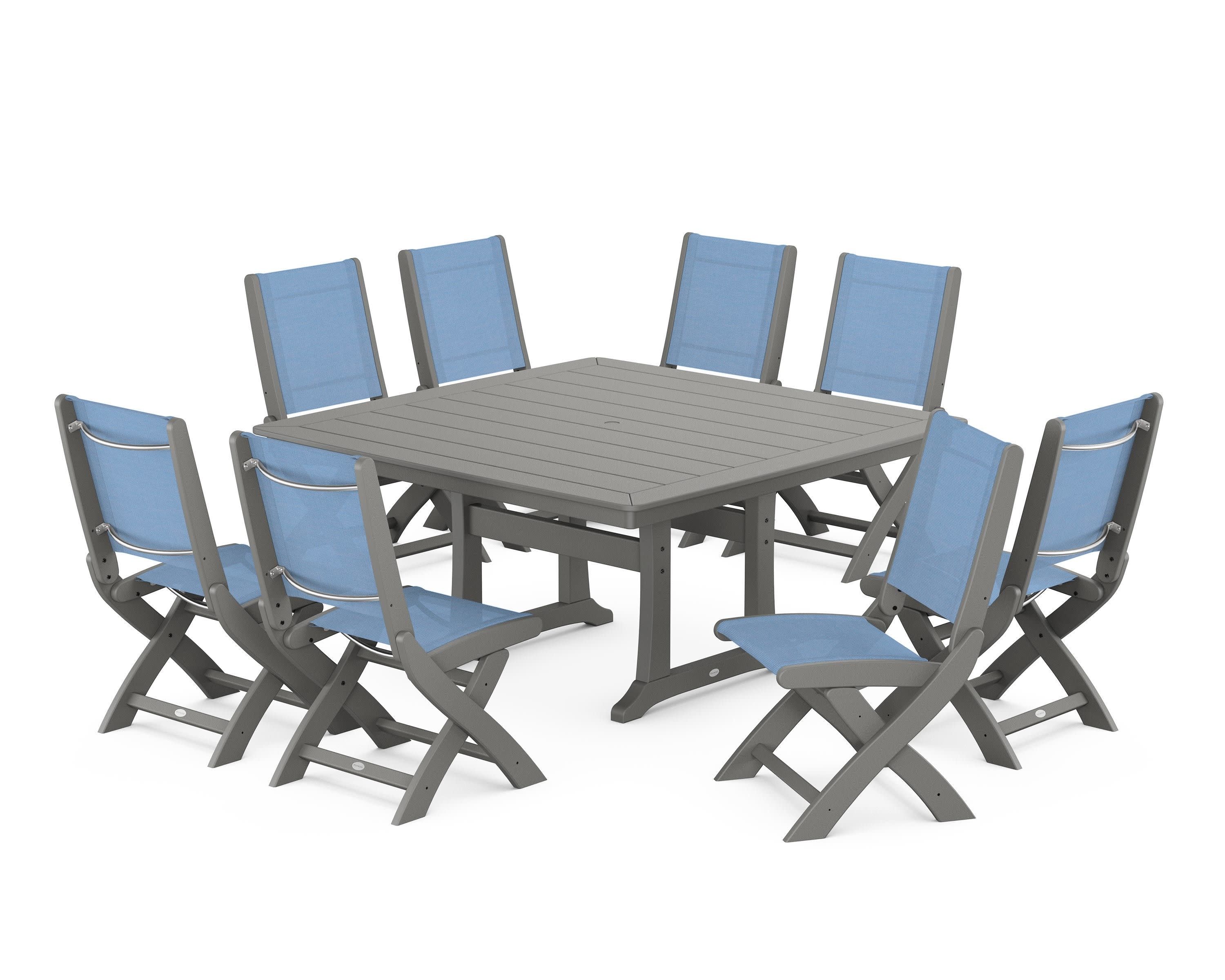 Coastal Folding Side Chair 9-Piece Dining Set with Trestle Legs in Slate Grey / Poolside Sling